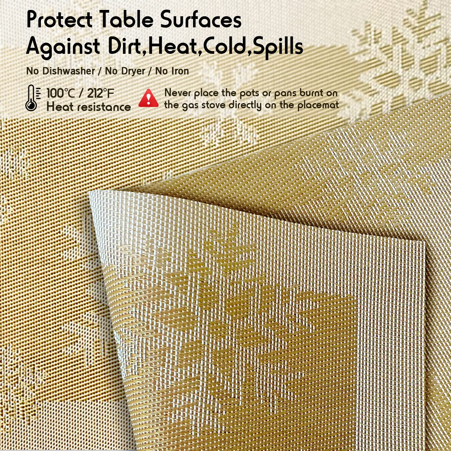 6-Piece Christmas Woven Vinyl Non-Slip Placemats Set - Washable & Anti-Skid Table Mats for Kitchen Dining, Holiday Decor (Snow Gold) | Perfect for Festive Dinner Parties & Family Gatherings