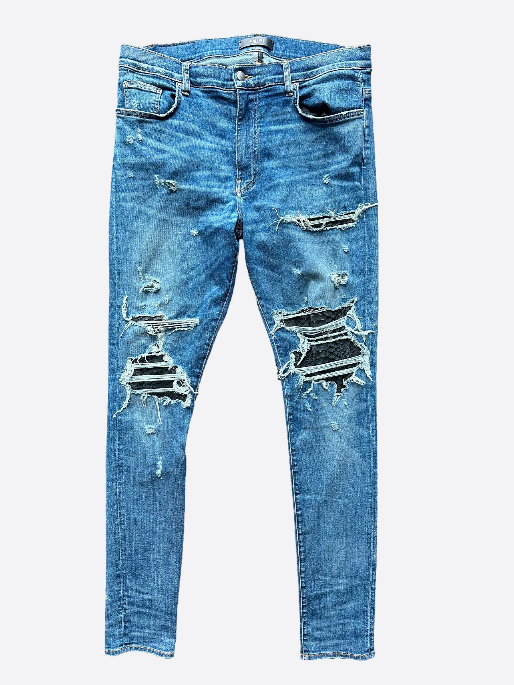 Amiri Blue Snakeskin MX1 Distressed Denim Jeans for Men - Premium Designer Slim Fit Ripped Denim Pants | Perfect for Streetwear, Night Out & Casual Fashion