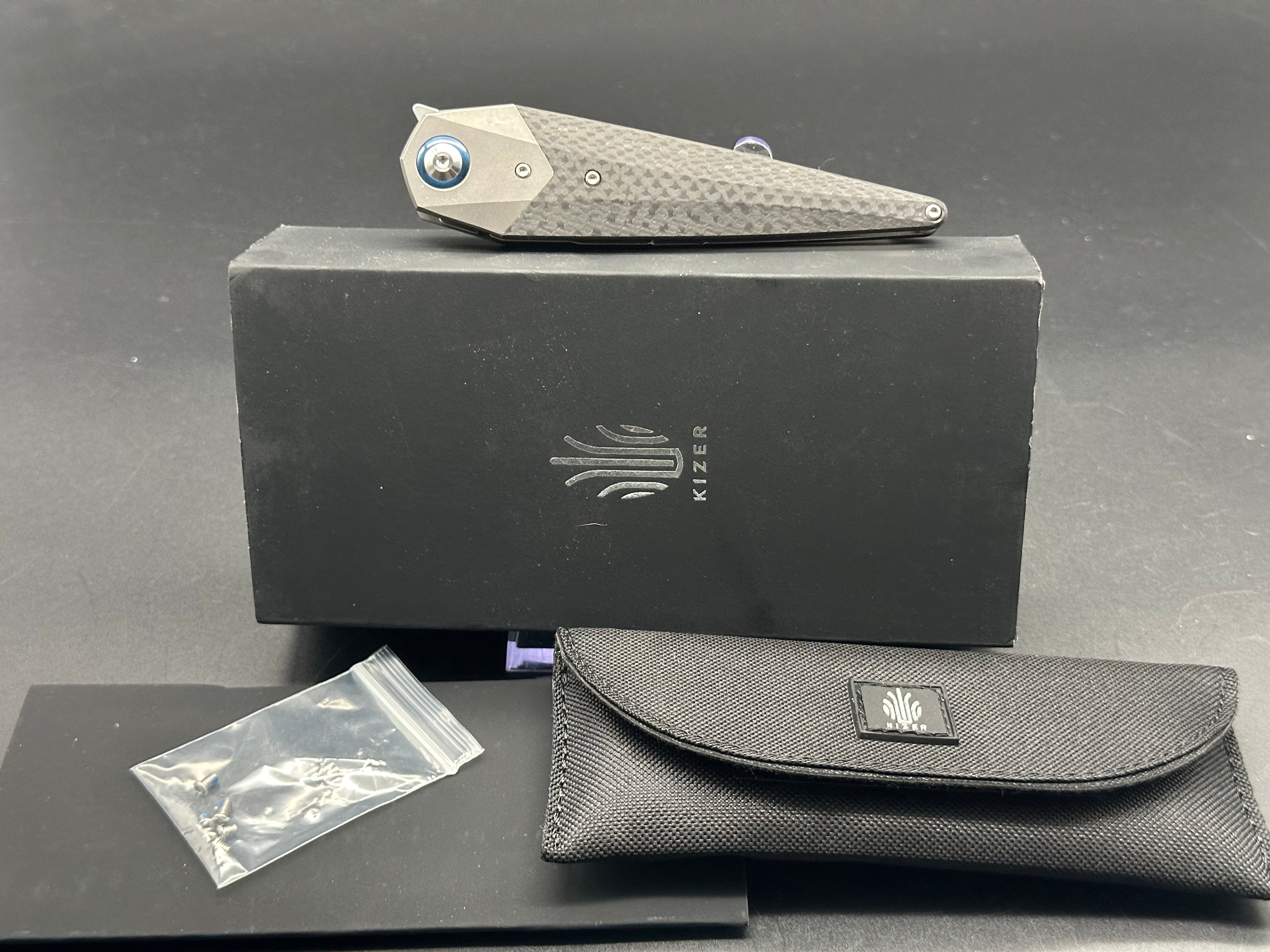 Kizer Soze Grey Titanium Frame & Bolster Folding Knife with Carbon Fiber Handle - S35VN Dagger Satin Blade - EDC, Outdoor, Camping, Survival, Tactical Gear