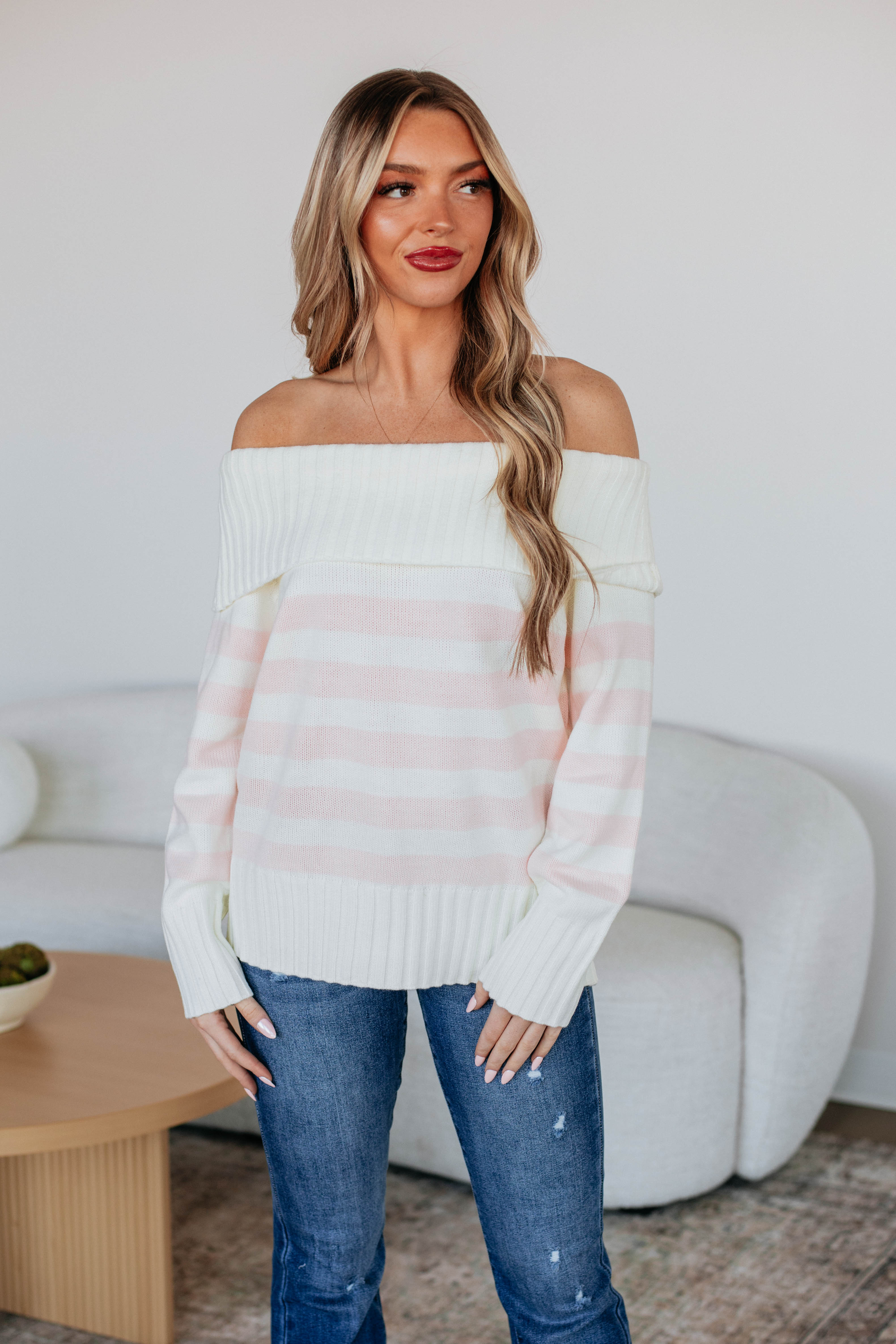 Chantelle Women's Off The Shoulder Sweater - Ivory Knit Pullover for Fall & Winter Fashion | Casual Wear, Date Night, Office Outfits