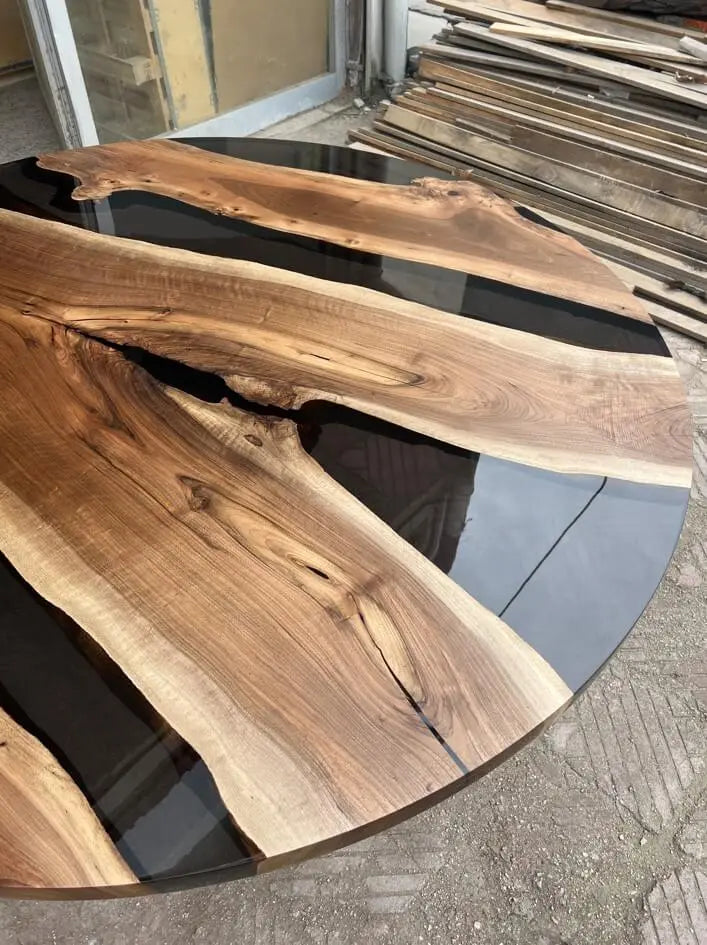 Handmade Round Epoxy Resin Table with Natural Walnut Wood Tulip Base - Modern Coffee Table for Living Room, Office & Dining Area