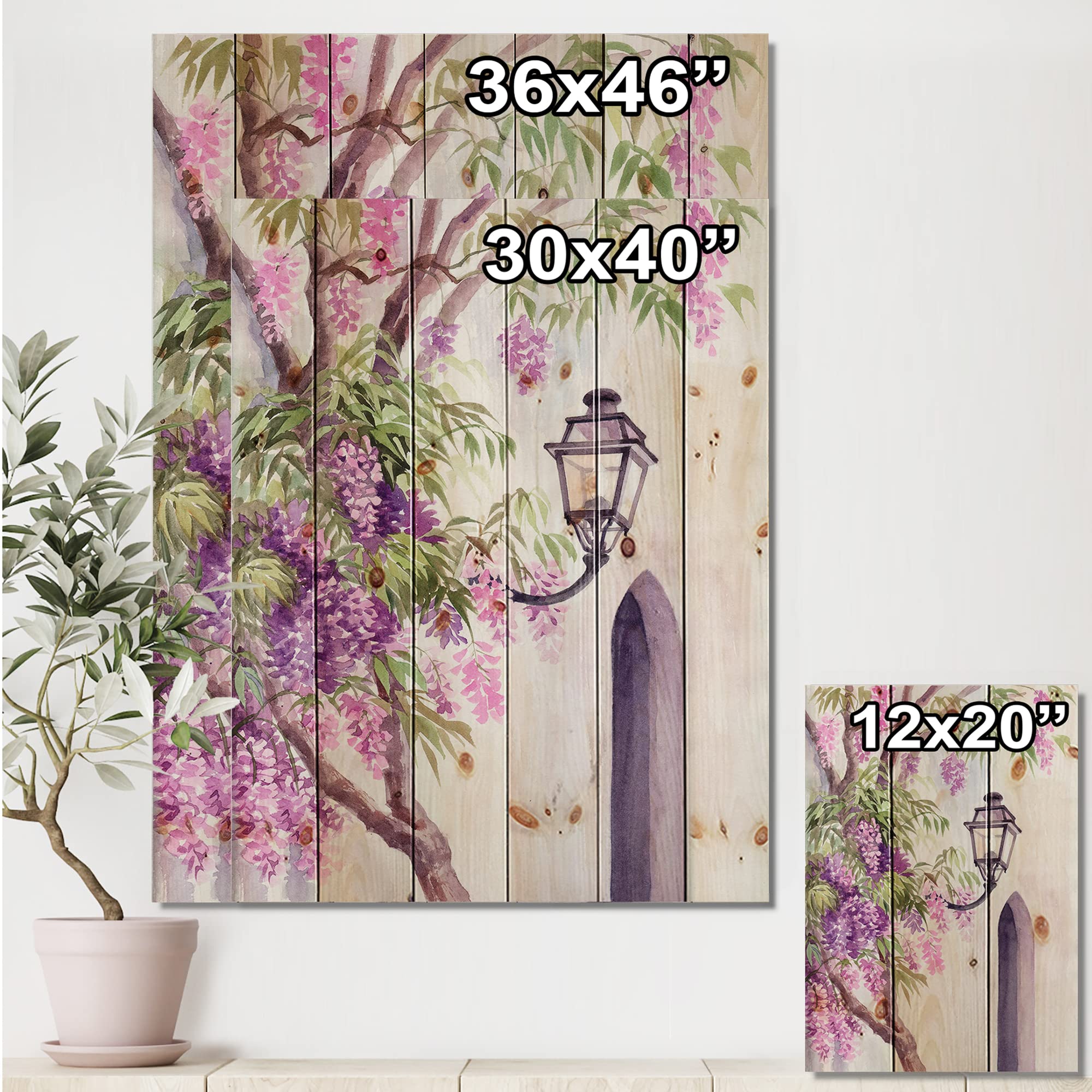 DesignQ Wisteria & Lantern Traditional Wood Wall Decor - Purple Floral Wood Art Panel, Large Pine Wood Wall Hanging for Home & Office Decoration | Perfect for Living Room, Bedroom, Dining Area & Entryway