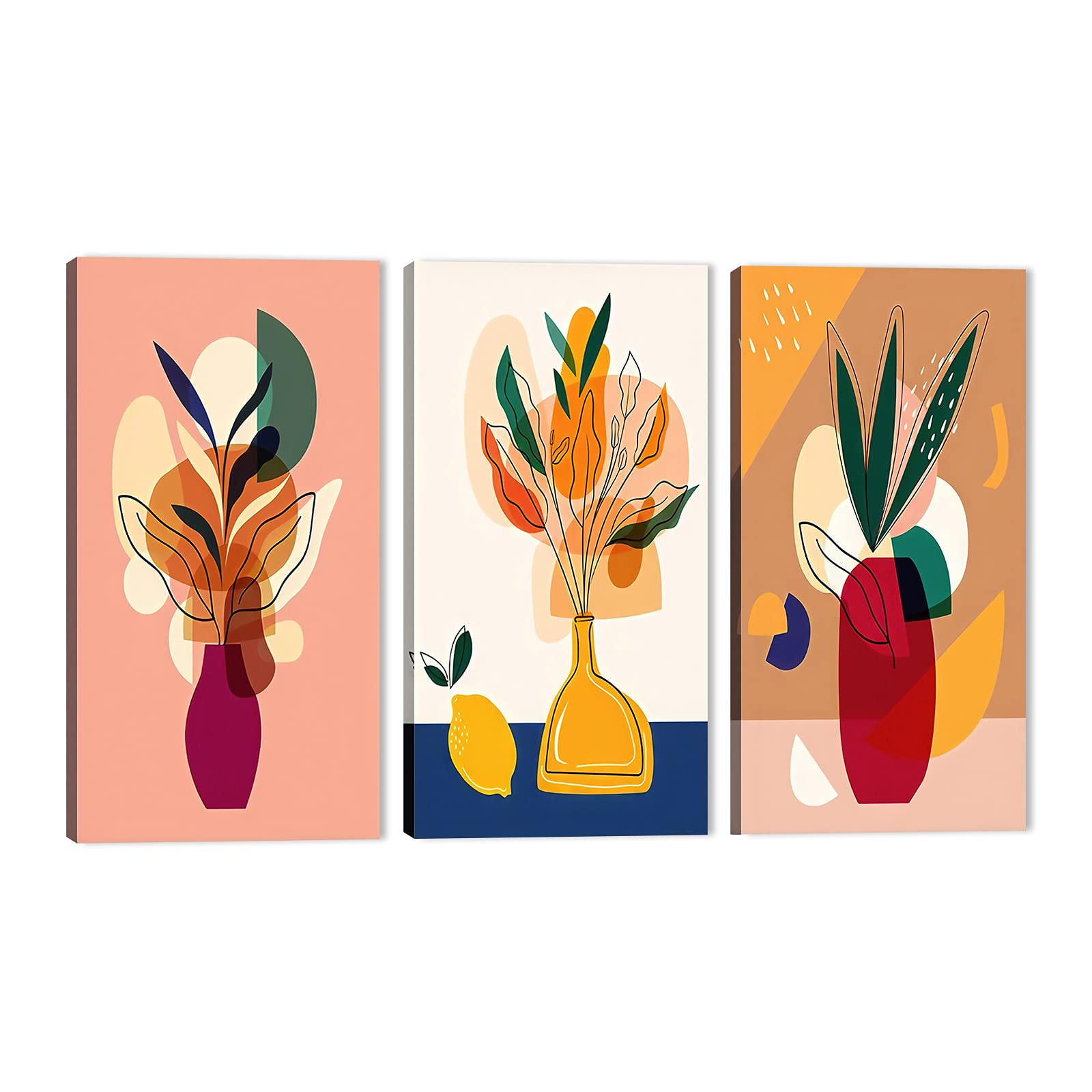 Boho Wall Decor Set of 3 - Mid-Century Modern Canvas Prints, Abstract Minimalist Wall Art with Geometric Plant Design for Living Room, Bedroom & Office - 24