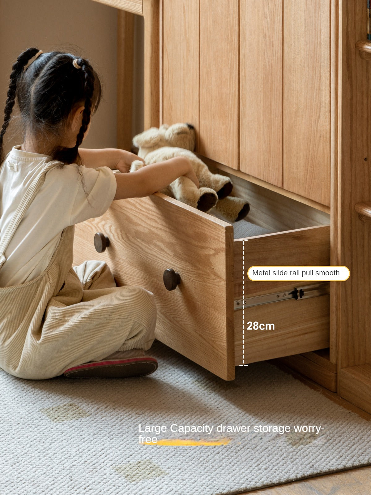 Premium Oak Solid Wood Kids Wardrobe - Multi-Functional Storage Organizer for Clothes, Toys & Books - Perfect for Bedroom, Nursery & Playroom Organization