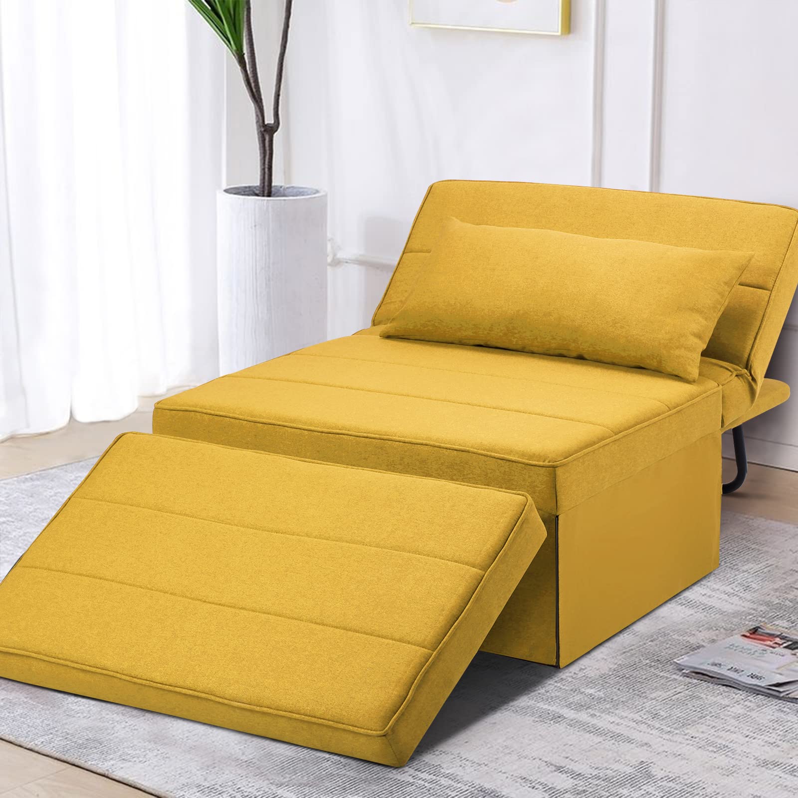 Convertible 4-in-1 Folding Ottoman Sofa Bed - Adjustable Backrest Sleeper Chair for Small Spaces, Guest Bed & Apartment Furniture (Light Yellow) | Perfect for Living Rooms, Studio Apartments & Home Offices