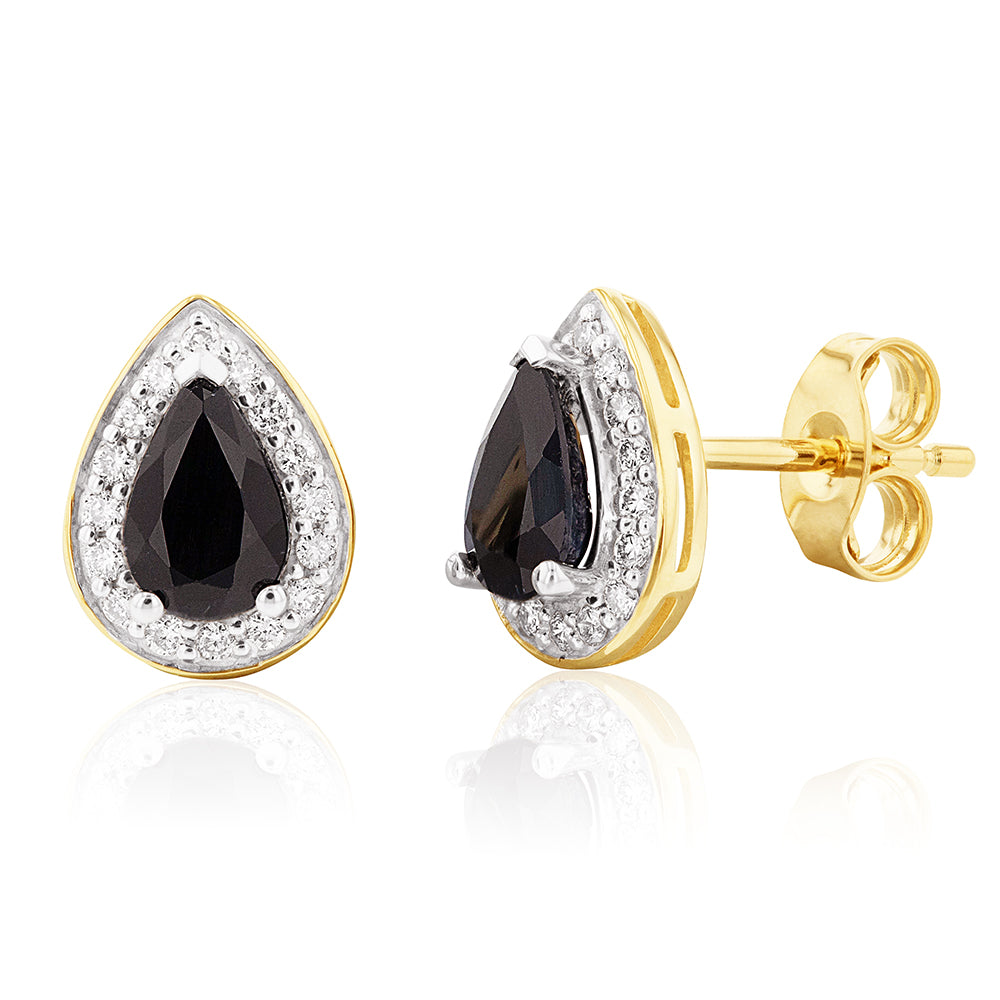 9ct Yellow Gold 0.60ct Natural Sapphire & 0.15ct Diamond Pear Halo Stud Earrings for Women - Elegant Jewelry Gift for Birthday, Anniversary & Special Occasions