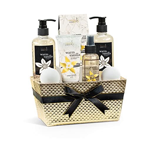 Luxury Vanilla Spa Gift Set - 2 Bath Bombs, Shower Gel, Body Lotion, Bath Salts & Body Scrub in Elegant Gold Basket | Perfect for Relaxation, Self-Care & Birthday Gifts