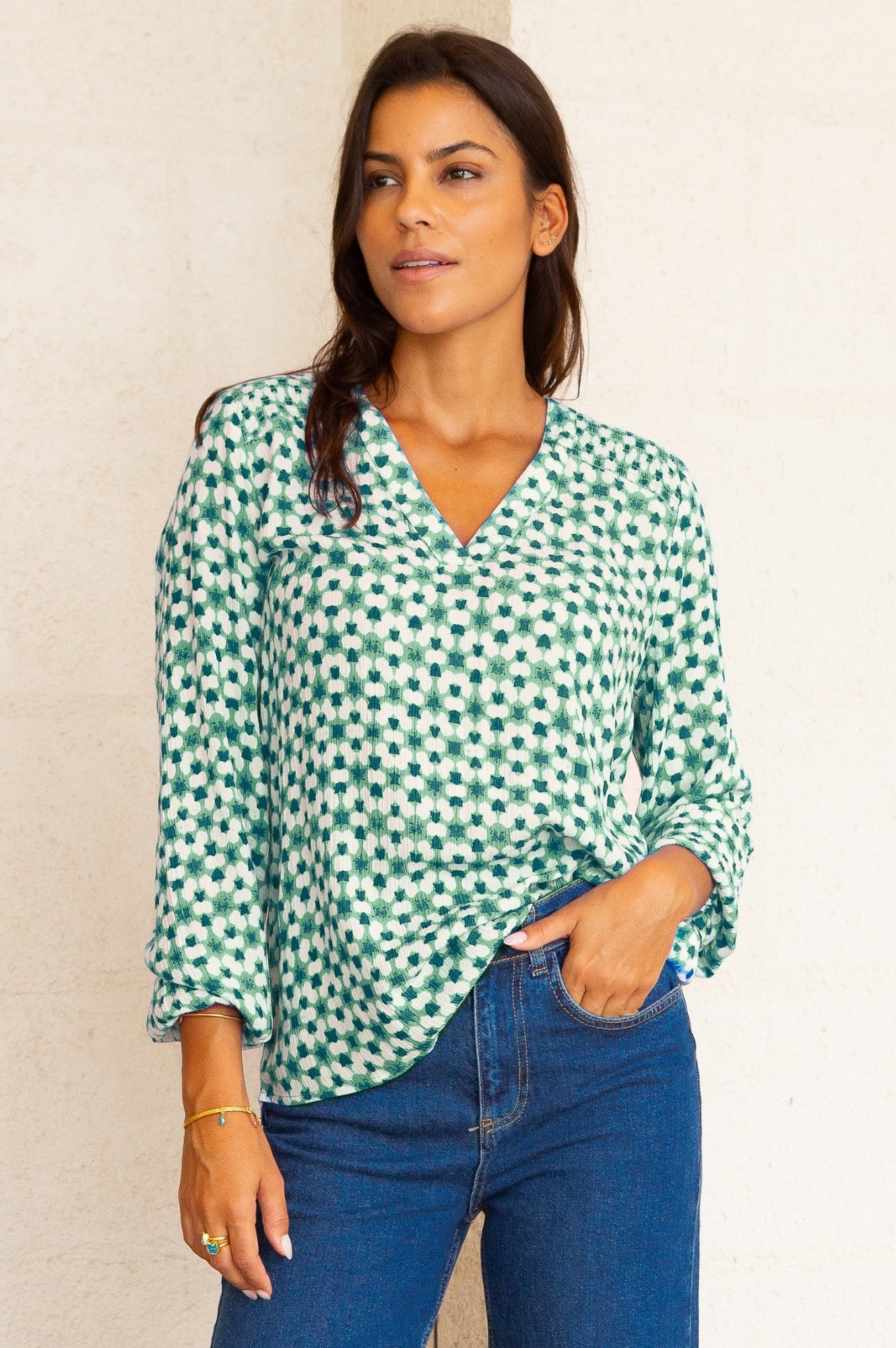Clea Blouse | Maui Green & White Floral Print Women's Top | Perfect for Casual Wear, Office Outfits & Summer Vacations