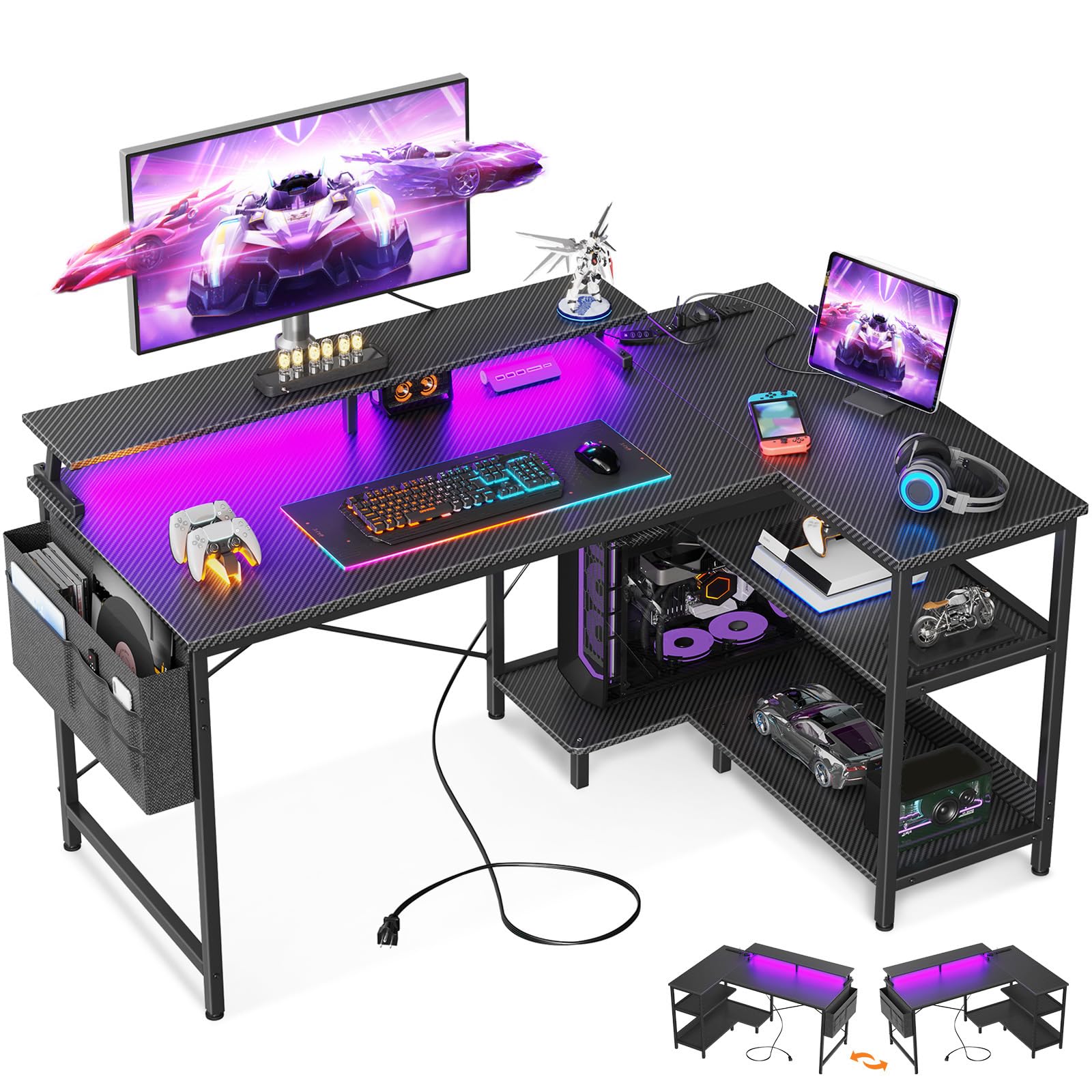 ODK 48 Inch L-Shaped Gaming Desk with USB Charging Ports, LED Lights & Power Outlets - Reversible Corner Computer Desk with Storage Shelves & Monitor Stand (Black) - Perfect for Gamers, Streamers & Home Office Setup
