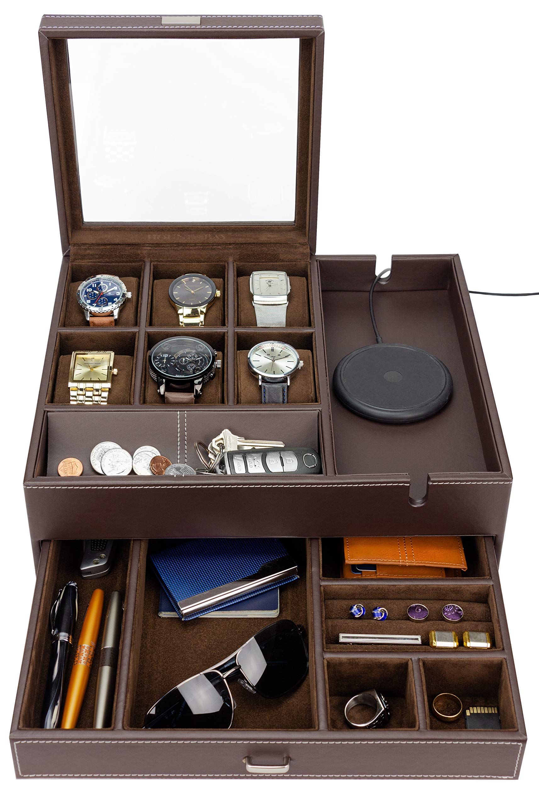 HOUNDSBAY Luxury Watch Box Organizer for Men - Wooden Jewelry Display Case with Valet Tray & Watch Holder - Nightstand Storage Organizer for Dresser - Perfect for Watch Collectors & Gift Giving