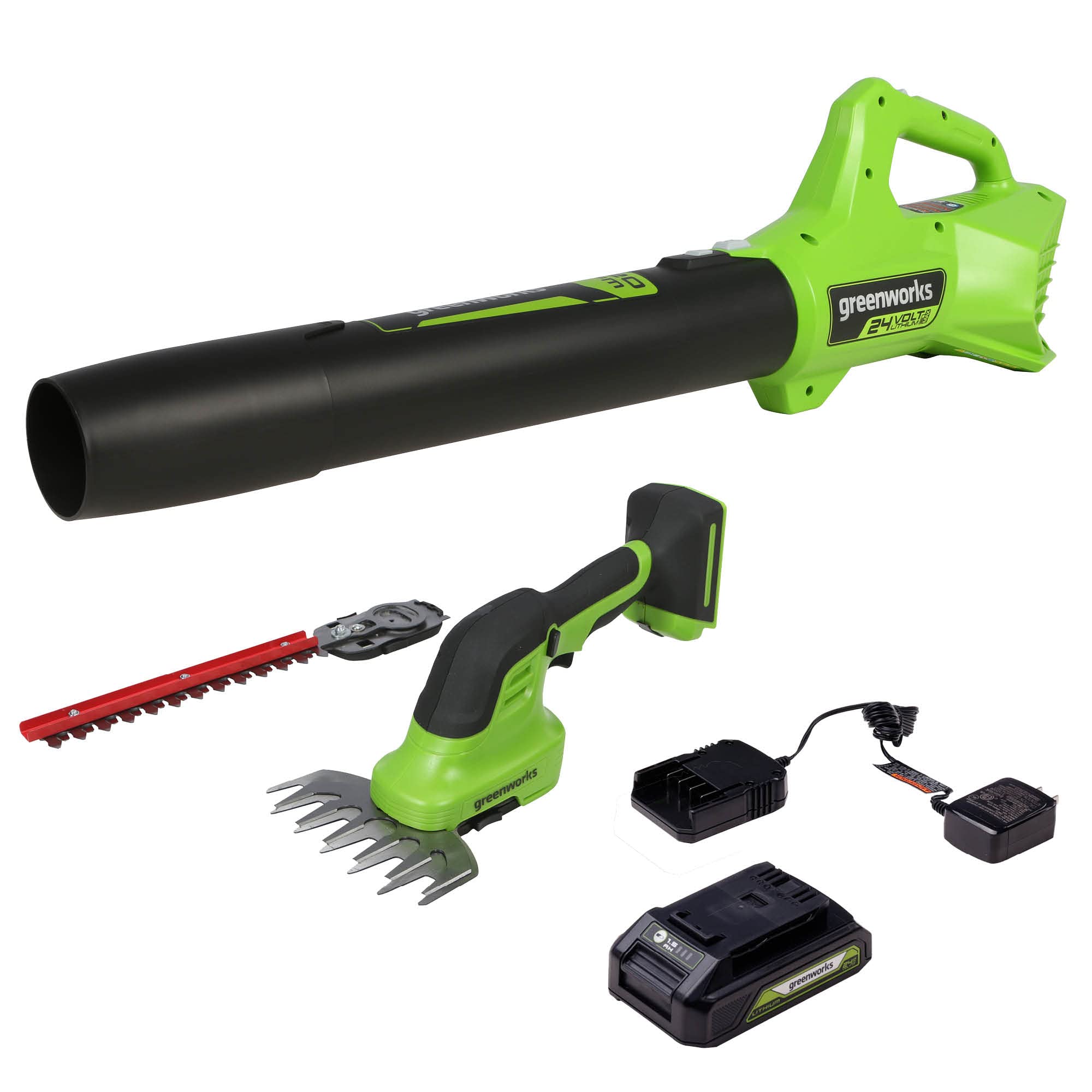 Greenworks 24V Cordless Shrub Shear & Axial Blower Combo Kit with 1.5Ah USB Battery & Charger - 90 MPH/320 CFM Power for Landscaping, Yard Trimming & Garden Maintenance