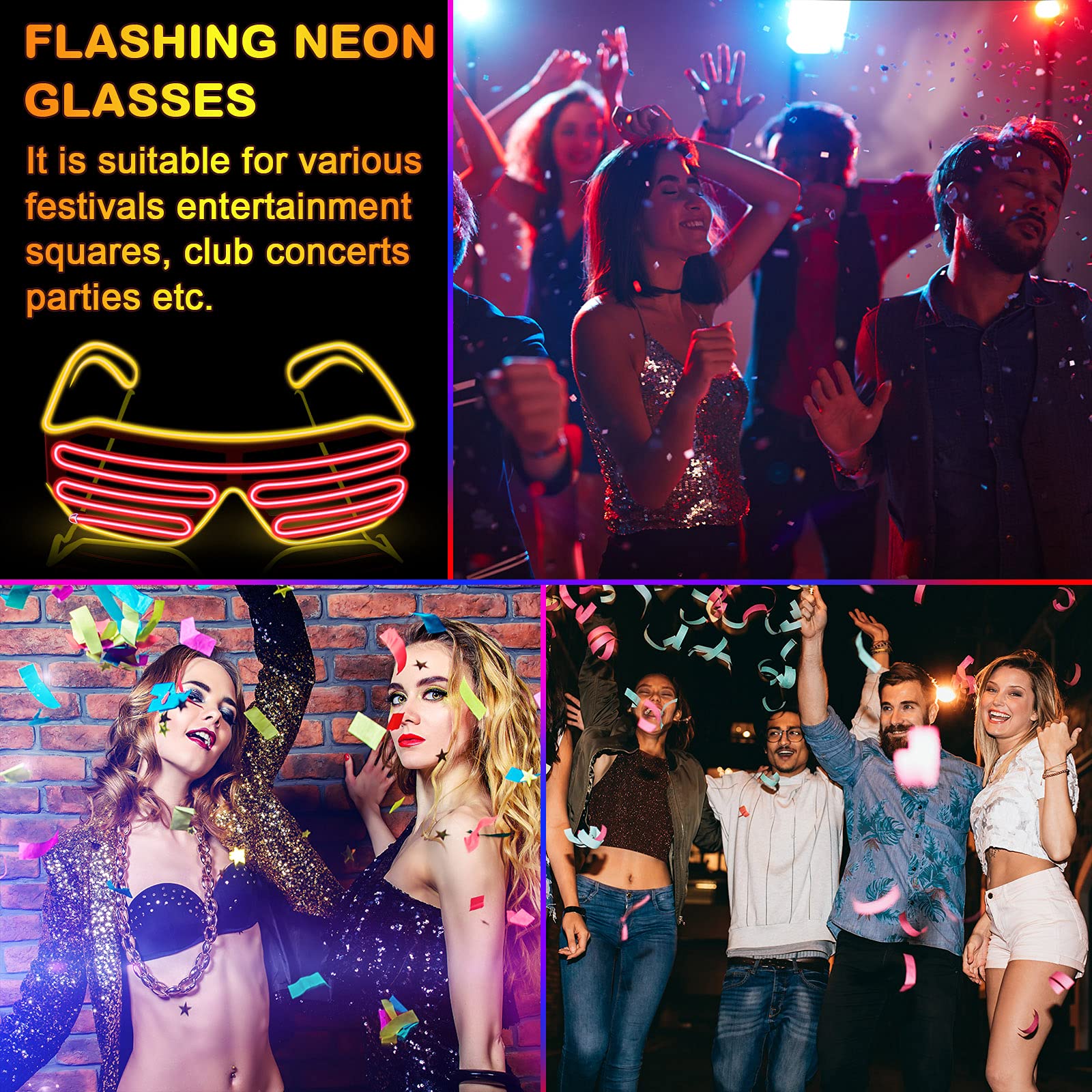 TOODOO 3-Piece LED Light Up Glasses - Glow in The Dark Party Glasses for Rave, 80s Theme Party, Halloween & Night Events - Fun Neon Glow Accessories for Concerts, Clubs & Festivals