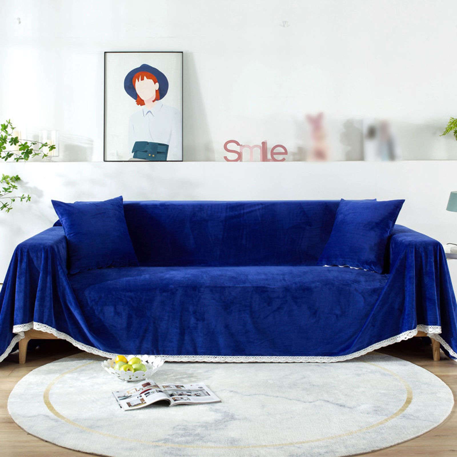 Velvet Sofa Cover for 3 Cushion Couch - Soft, Washable Plush Slipcover - Universal Fit 180×380cm (71×150inch) - Navy Blue Furniture Protector for Living Room, Bedroom & Home Decor