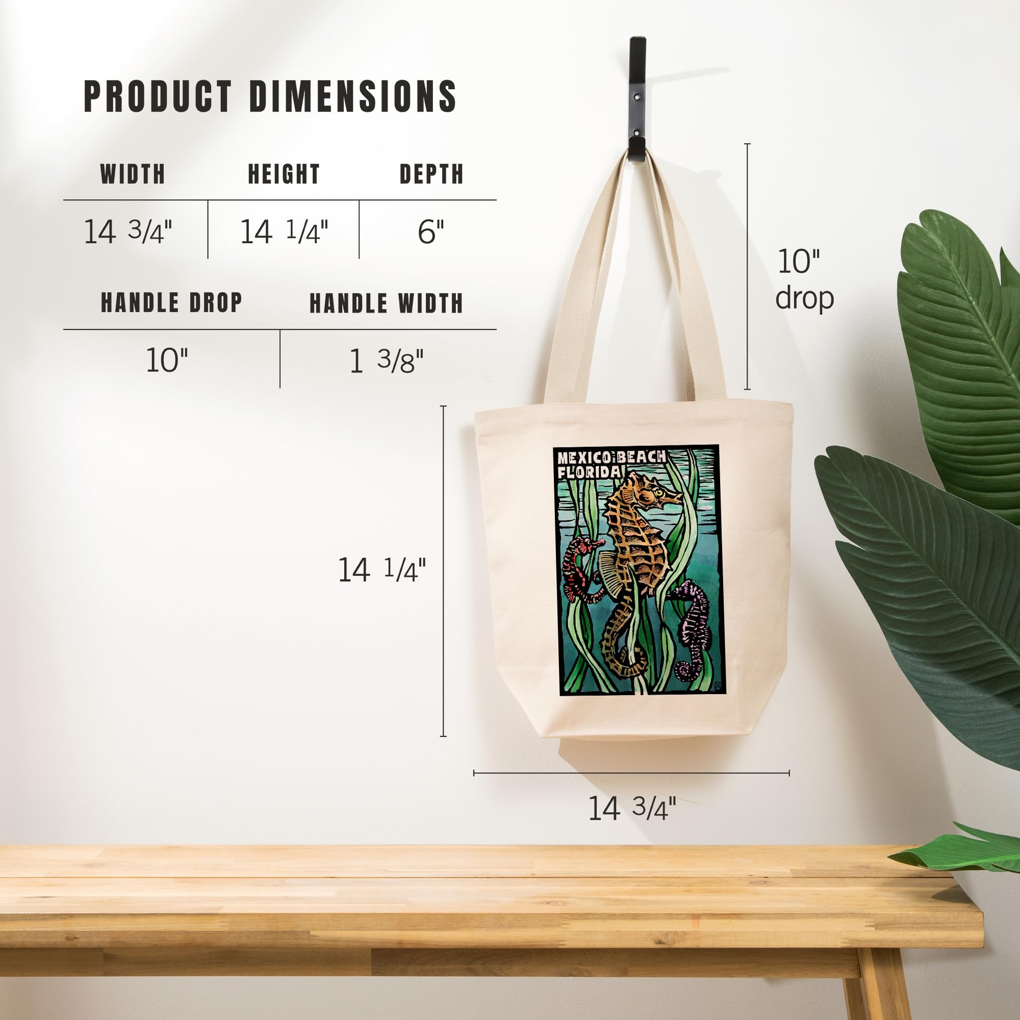 Lantern Press Mexico Beach Florida Seahorse Scratchboard Tote Bag - 100% Cotton Canvas Reusable Shopping Bag for Beach, Grocery & Everyday Use