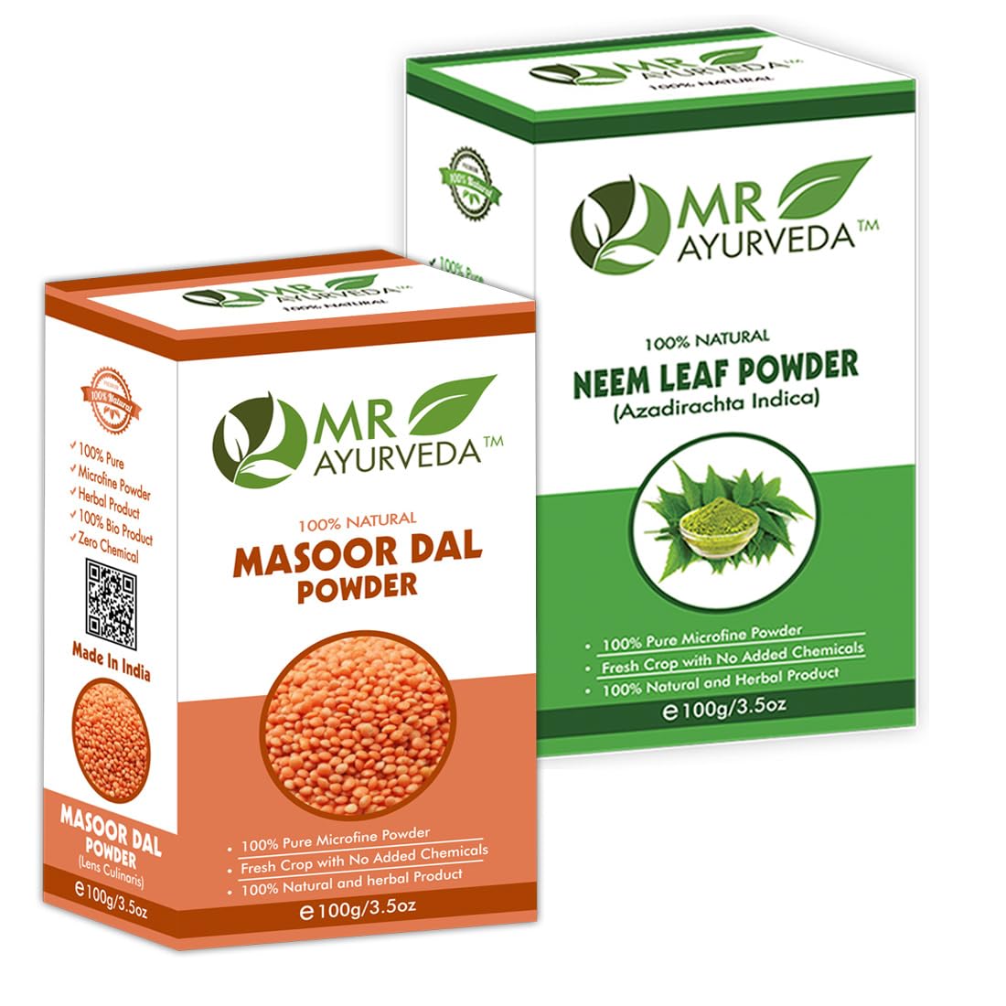 MR Ayurveda 100% Organic Masoor Dal Powder & Neem Powder Set - 2 Pack (200g Each) | Natural Skin Care & Hair Treatment for Glowing Complexion & Scalp Health