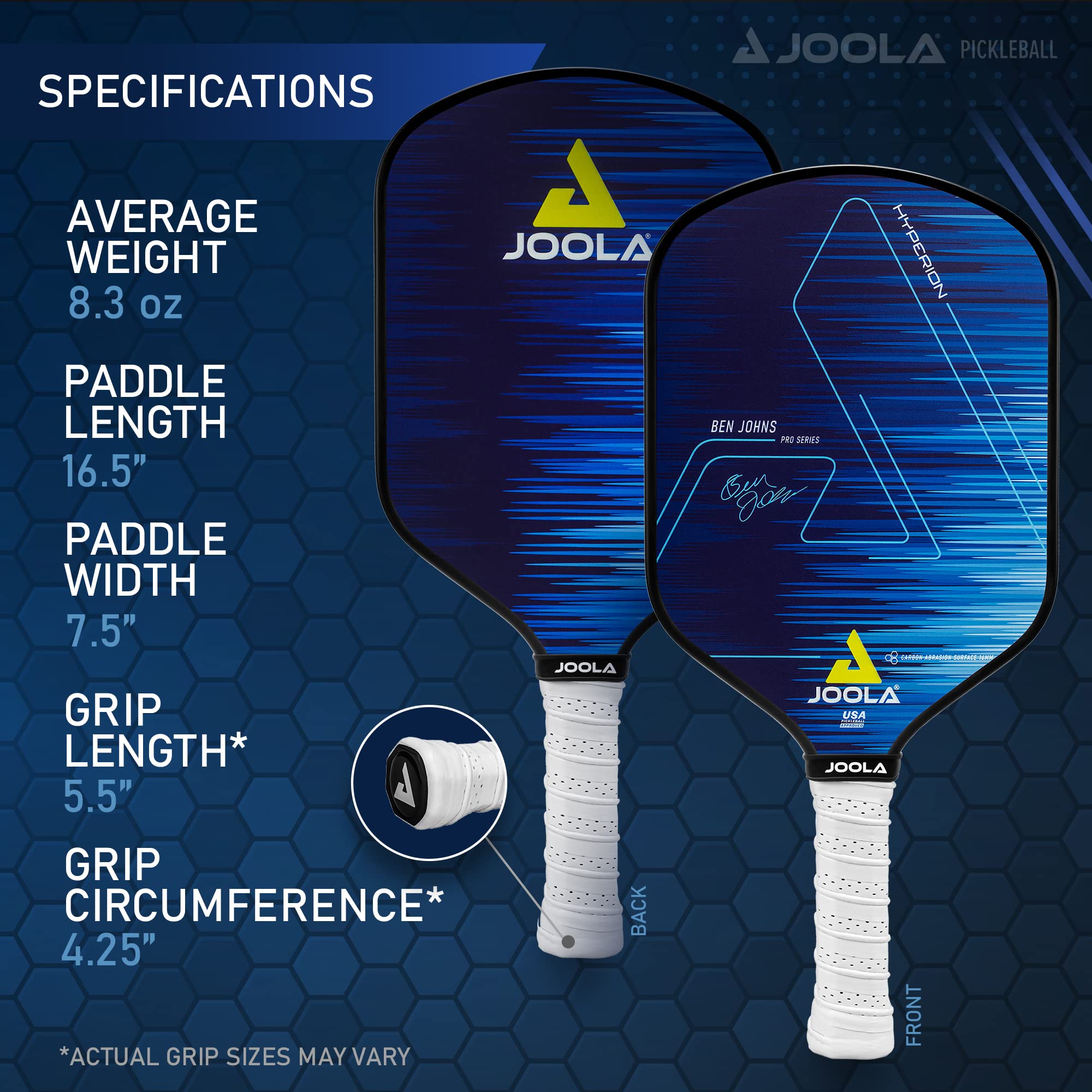 JOOLA Ben Johns Hyperion Pickleball Paddle - USAPA Approved Carbon Fiber Paddle with Honeycomb Polypropylene Core - Enhanced Power & Spin Control - Carbon Surface & Ergonomic Elongated Handle for Sure-Grip - Perfect for Competitive Play & Recreational Pickleball Games