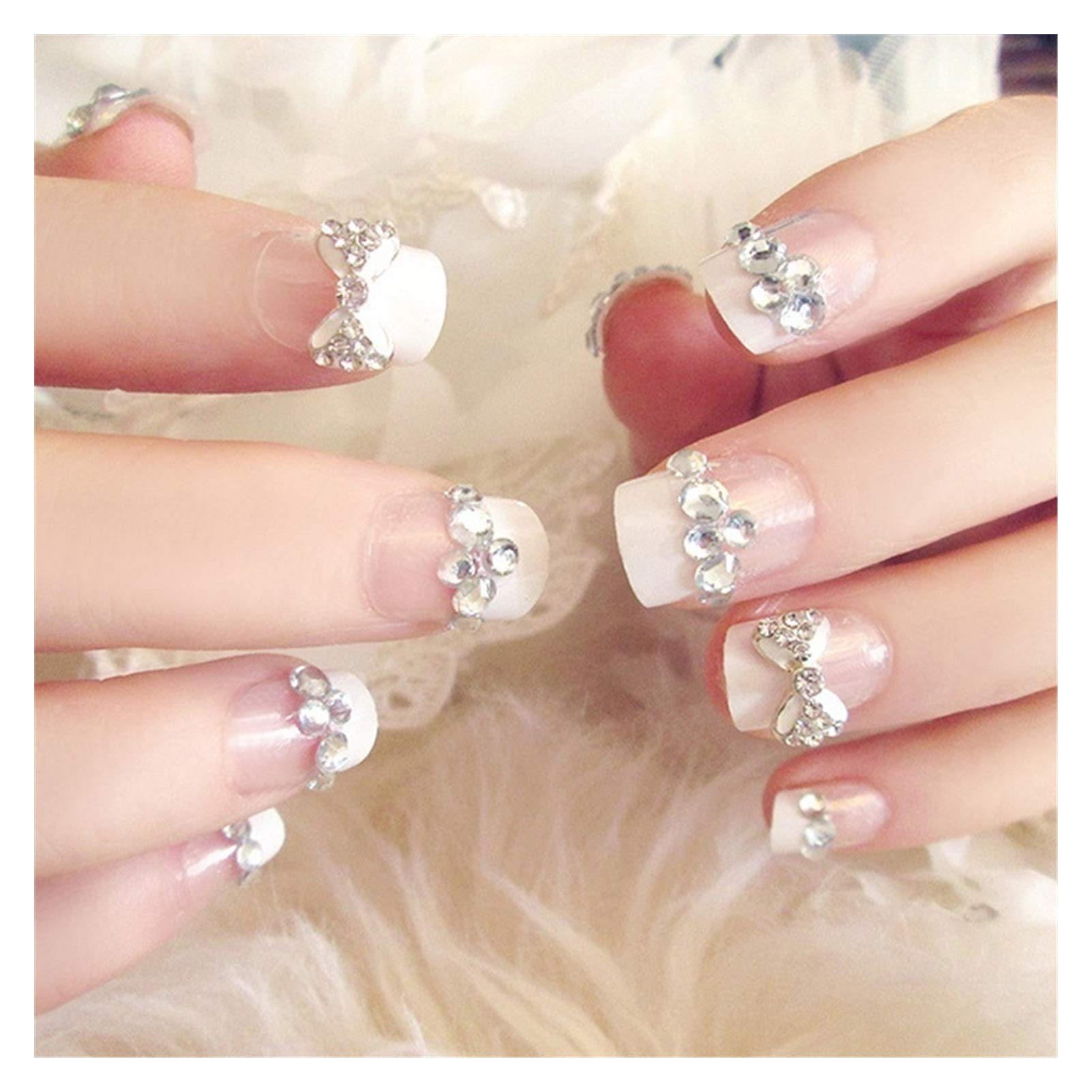 24pcs French Style Fake Nails with Glue - Bow Tie Design Press on Nails, Manicure False Nails for Women, Easy to Apply & Remove | Perfect for Parties, Weddings, Date Nights & Special Occasions