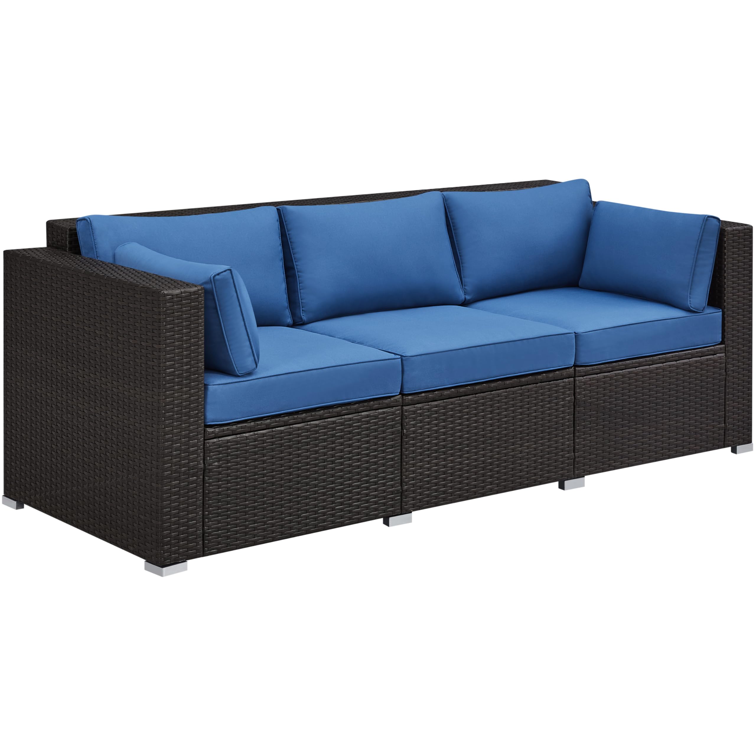 Yaheetech 3-Seat Patio Wicker Sofa Set with Cushions & Throw Pillows - Outdoor Rattan Furniture with Deep Seat & High Back - Includes Waterproof Cover for Deck, Porch, Balcony, Garden (Brown/Dark Blue) - Perfect for Lounging, Entertaining & Relaxing in Your Backyard