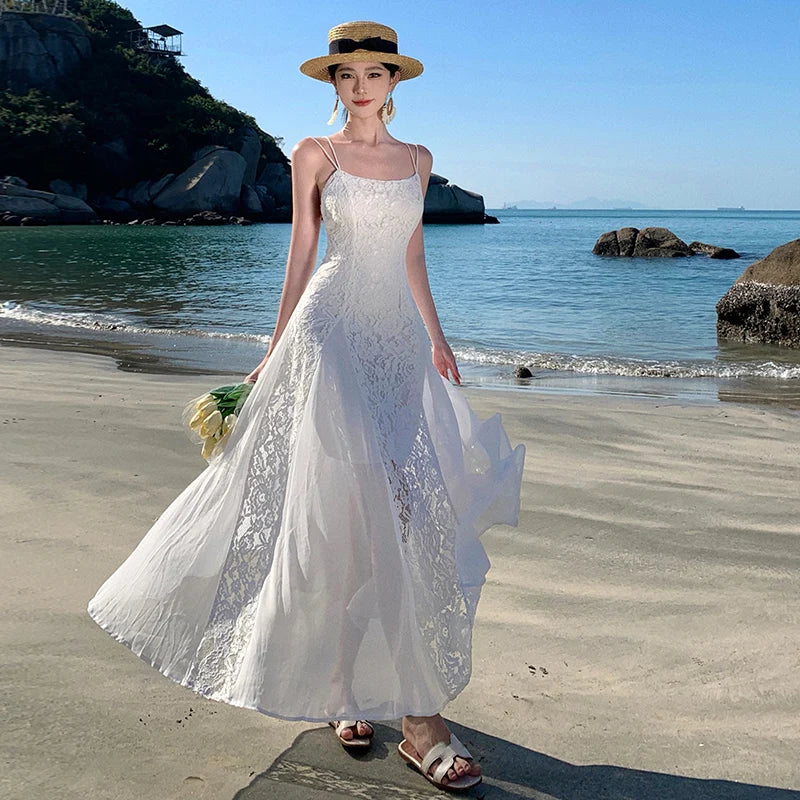 Elegant White Sleeveless Backless Summer Dress for Women - Beach Vacation Sexy Solid Color Slash Neck Female Dress - Perfect for Pool Parties, Tropical Getaways & Date Nights