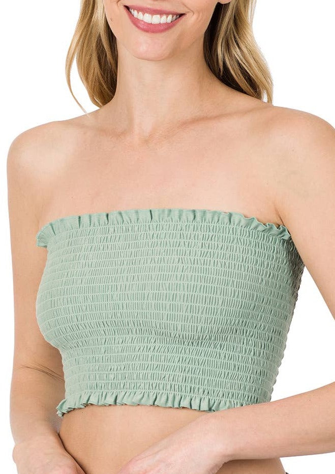 Elegant Smocked Tube Top in Dusty Green - Perfect for Summer Outfits, Beachwear & Casual Chic Style