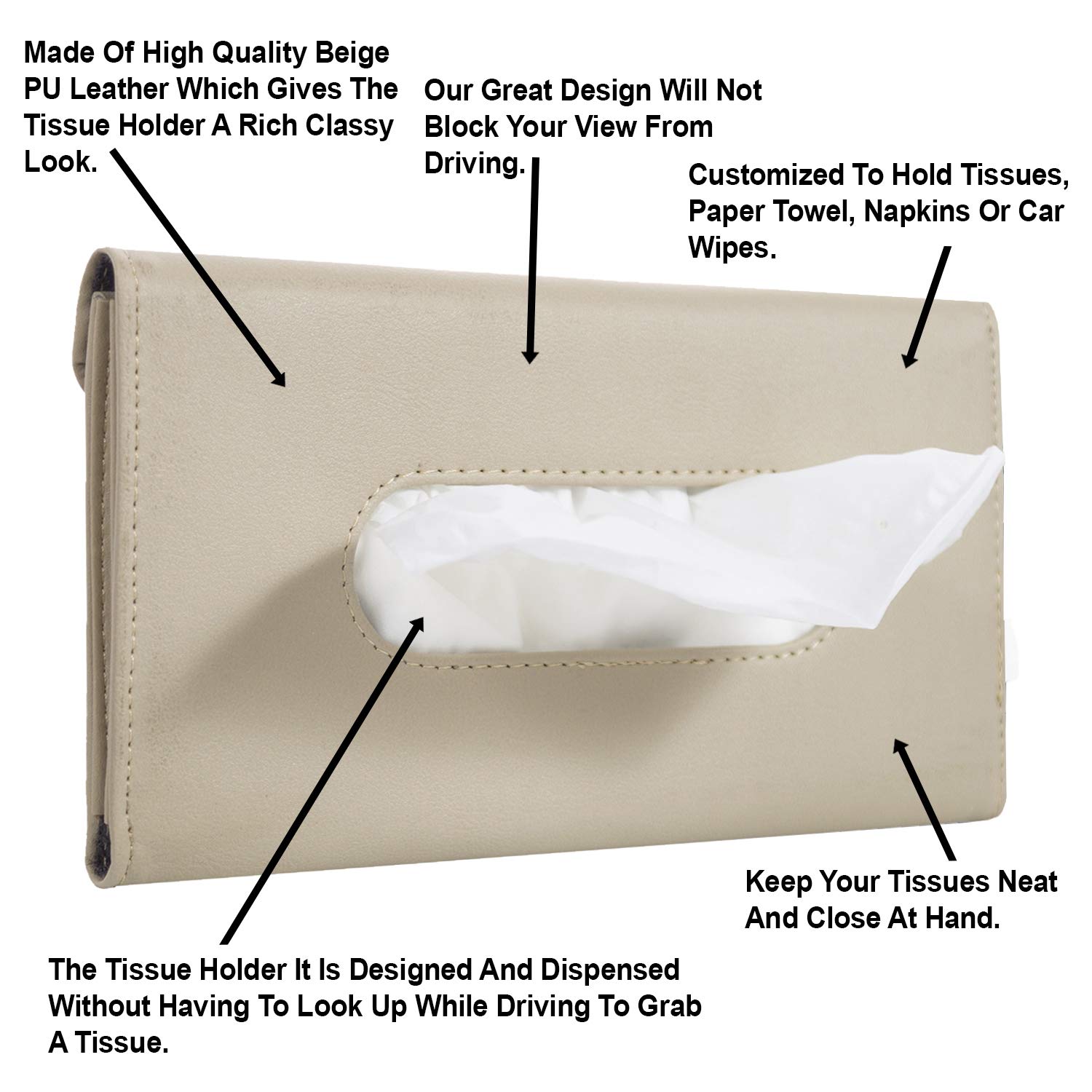 Premium Beige PU Leather Car Sun Visor Tissue Holder - Hanging Tissue Dispenser for Car Door & Back Seat Pocket - Interior Accessories Pouch for Wipes & Napkins - Perfect for Road Trips, Commuting & Family Travel