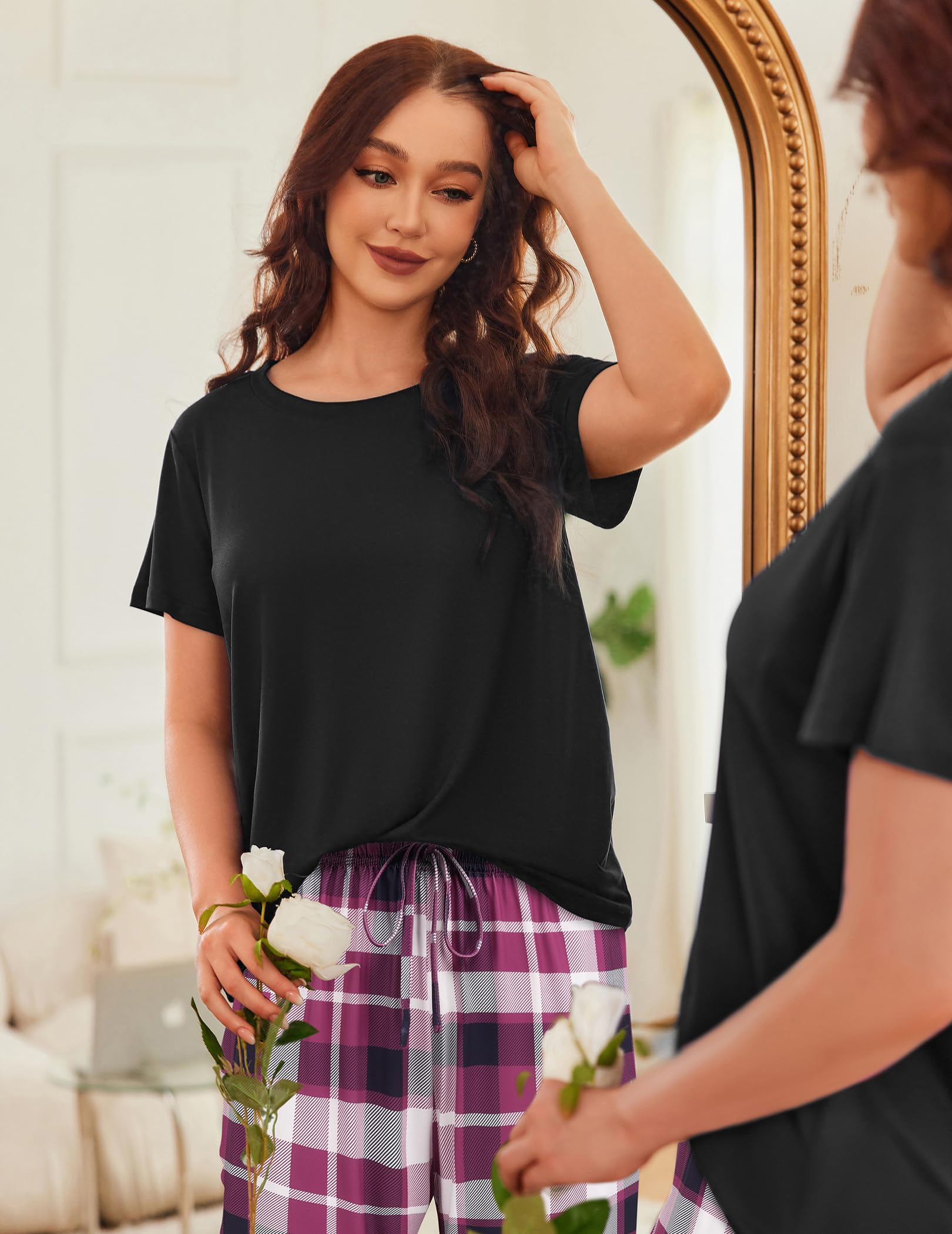 Ekouaer Women's 2-Pack Pajama Sets - Soft Short Sleeve Sleepwear Top & Pants Lounge Outfit with Pockets | Comfortable 4-Piece PJs for Sleeping, Lounging & Home Wear