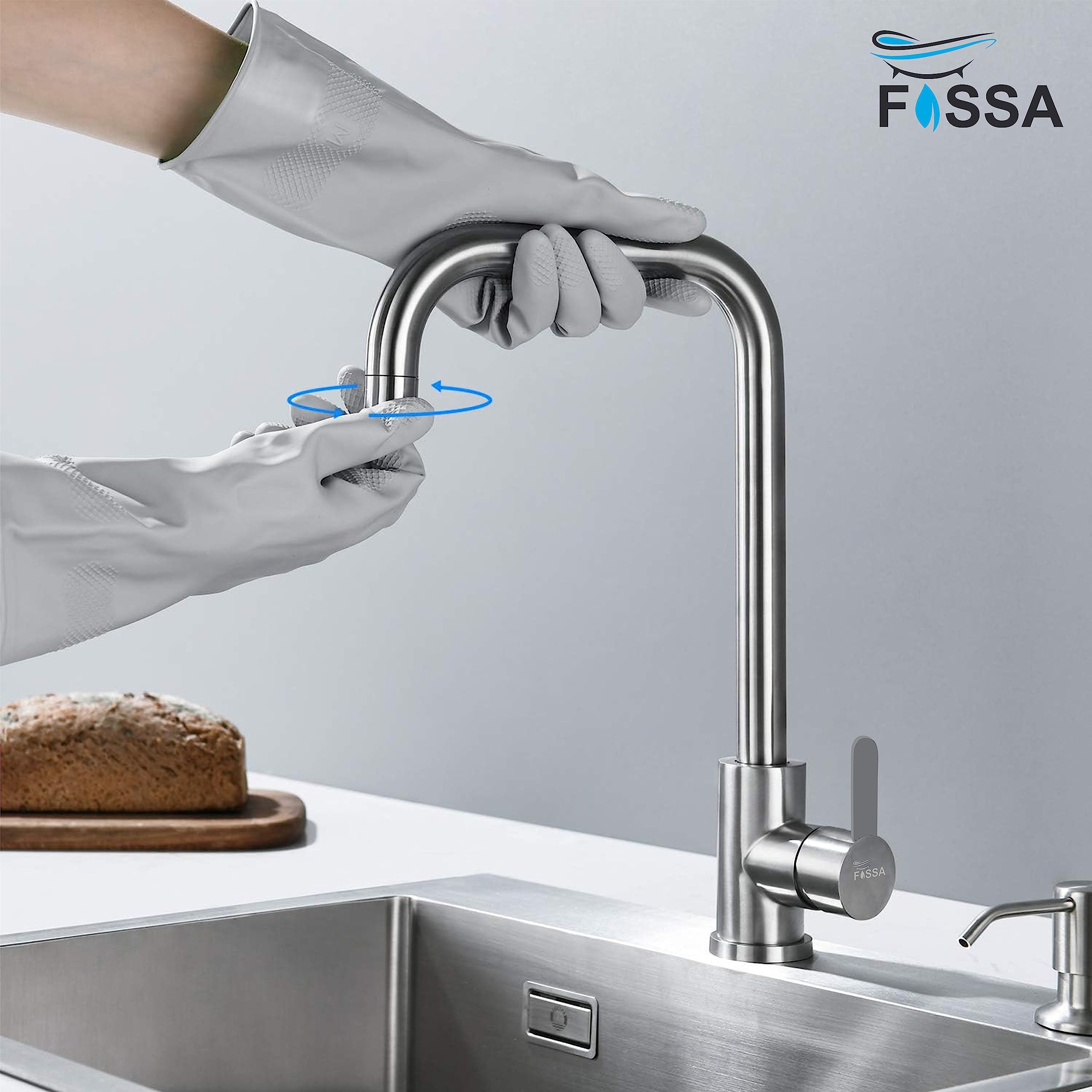 Fossa High Pressure 360° Swivel Stainless Steel Kitchen Faucet with High L Bend Spout - 257mm Silver for Modern Kitchens