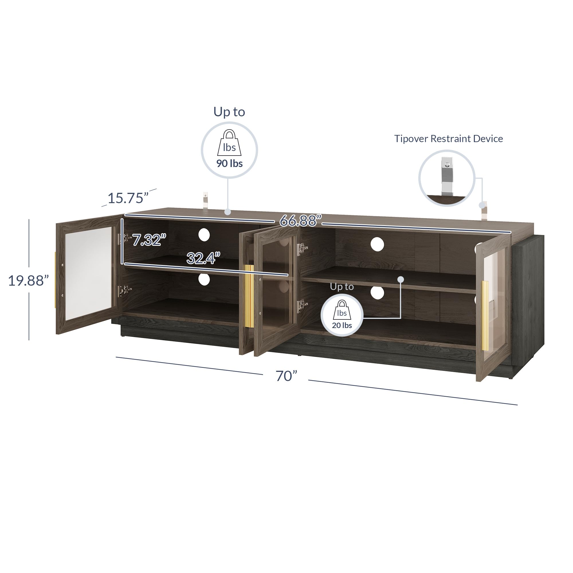 BELLEZE 70 Inch TV Stand for 75 Inch TVs - Modern Wood Entertainment Center with Storage Shelves, Living Room & Bedroom TV Cabinet - Brixston Brown - Perfect for Home Theater Setup & Media Organization