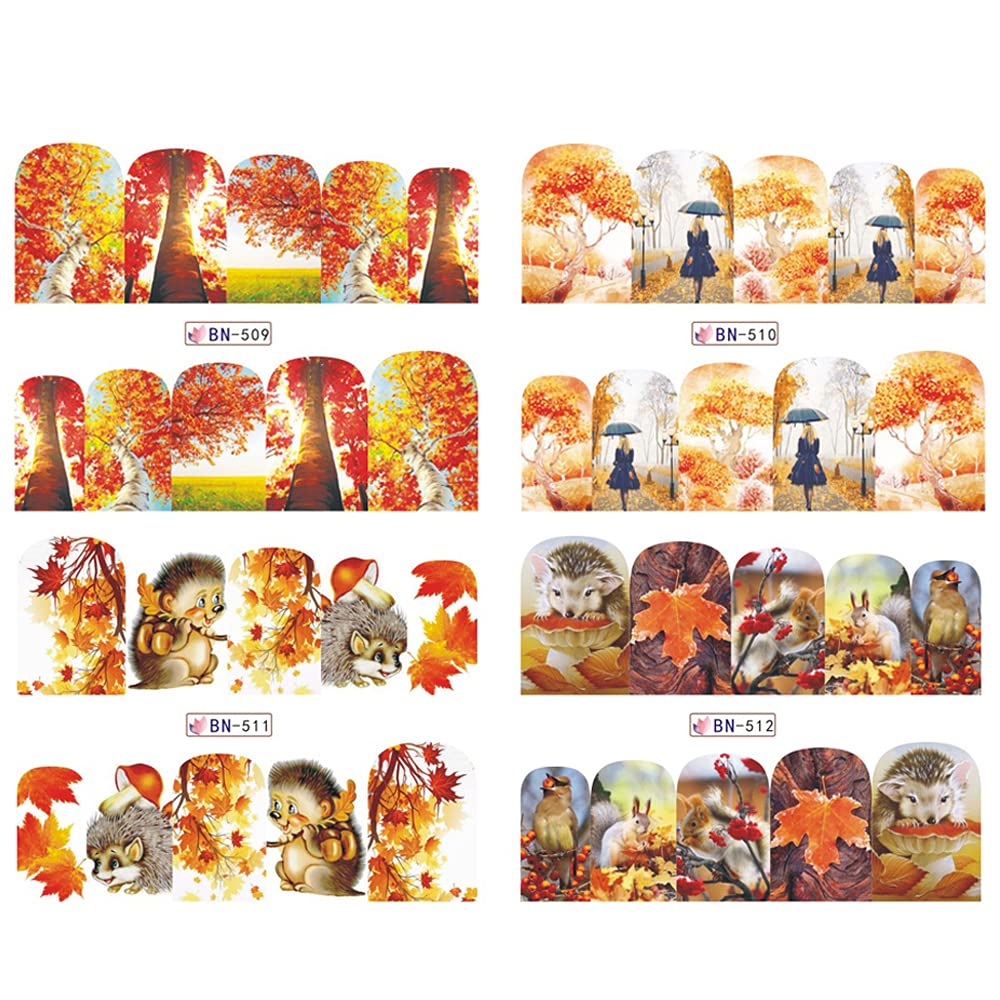 Thanksgiving Nail Stickers - 12 Fall Nail Art Designs with Squirrel & Maple Leaf Patterns | DIY Water Transfer Nail Decals for Women, Girls & Kids | Perfect for Thanksgiving Decorations, Holiday Parties & Seasonal Nail Art