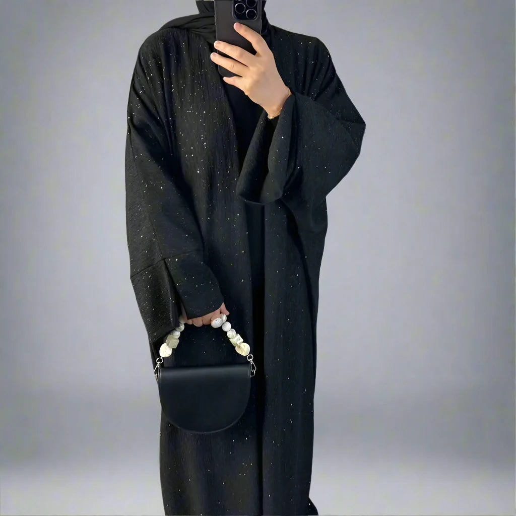 Elegant Muslim Women's Winter Fall Shining Powder Cardigan Open Abaya Dress - Perfect for Prayer, Special Occasions & Everyday Wear