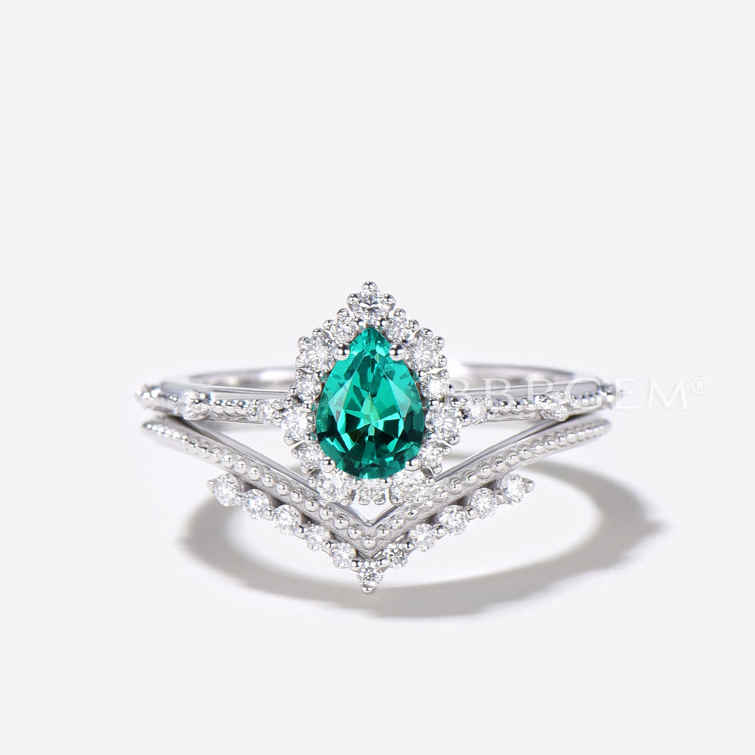 Pear Emerald Ring Set - Green Emerald Gemstone Anniversary Ring with Diamond Chevron Band - Perfect for Weddings, Engagements & Special Occasions