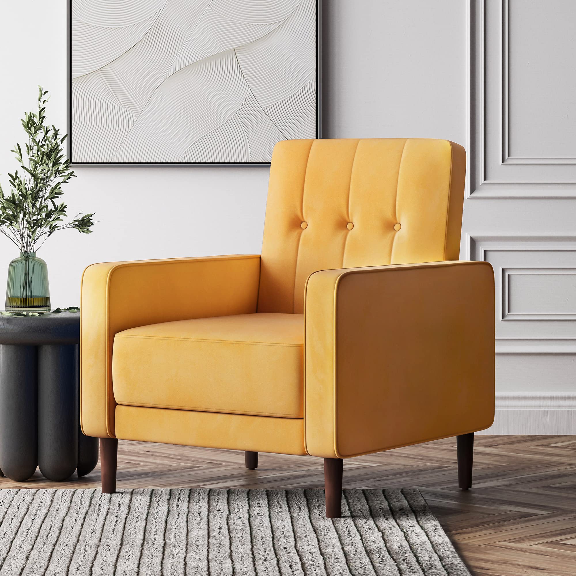 BELLEZE Mid Century Modern Velvet Accent Chair - Tufted Back Armchair with Upholstered Seat, Comfortable Lounge Reading Chair for Living Room, Bedroom & Office - Valencia Yellow (Perfect for Small Spaces & Home Decor)