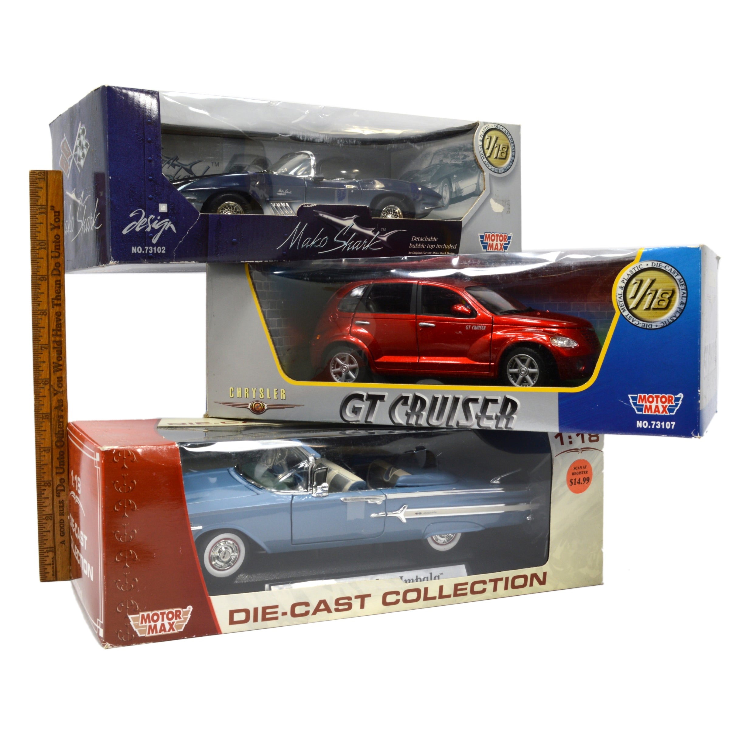 3-Pack MOTOR MAX Diecast Cars 1:18 Scale - '61 Mako Shark & '60 Impala GT Cruiser - Collectible Model Cars for Display & Racing Enthusiasts