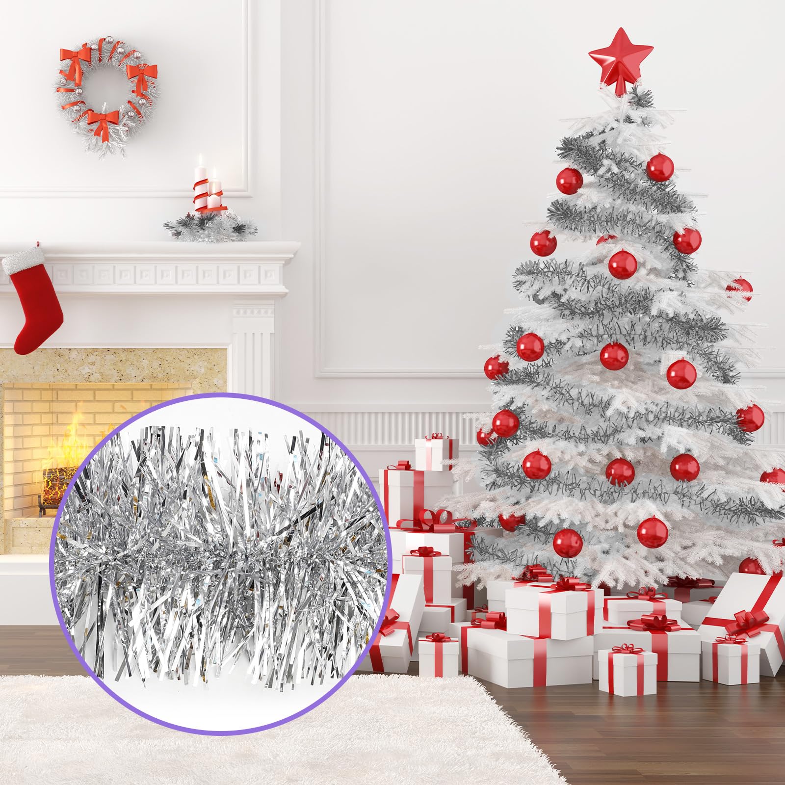 50 Feet Silver Tinsel Garland - Metallic Christmas Tree Decorations, Holiday Party Streamers & Wall Hanging Banner for Xmas, Birthday, Wedding, Home Decor (3.54