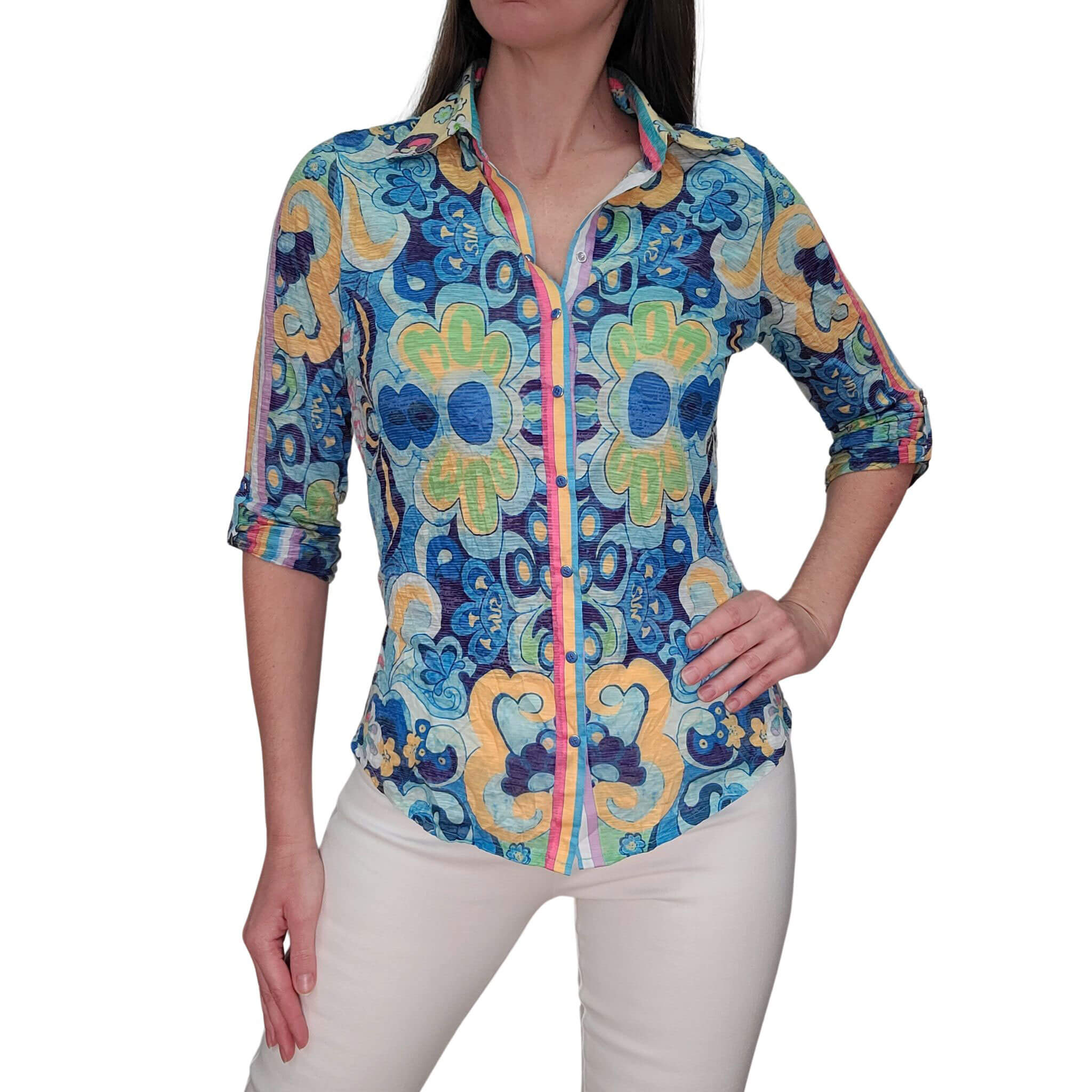 David Cline Roll Up Sleeve Top for Women - Soft Azure Blue Casual Shirt, Lightweight Breathable Summer Blouse for Work, Travel & Outdoor Activities