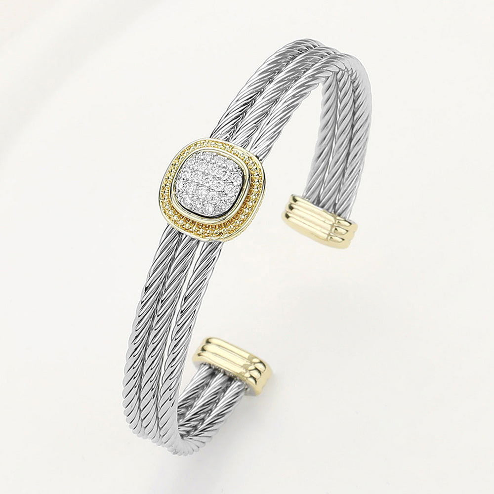 Elegant Two-Tone CZ Stone Square Accent Cuff Bracelet for Women | Perfect for Parties, Weddings & Evening Events