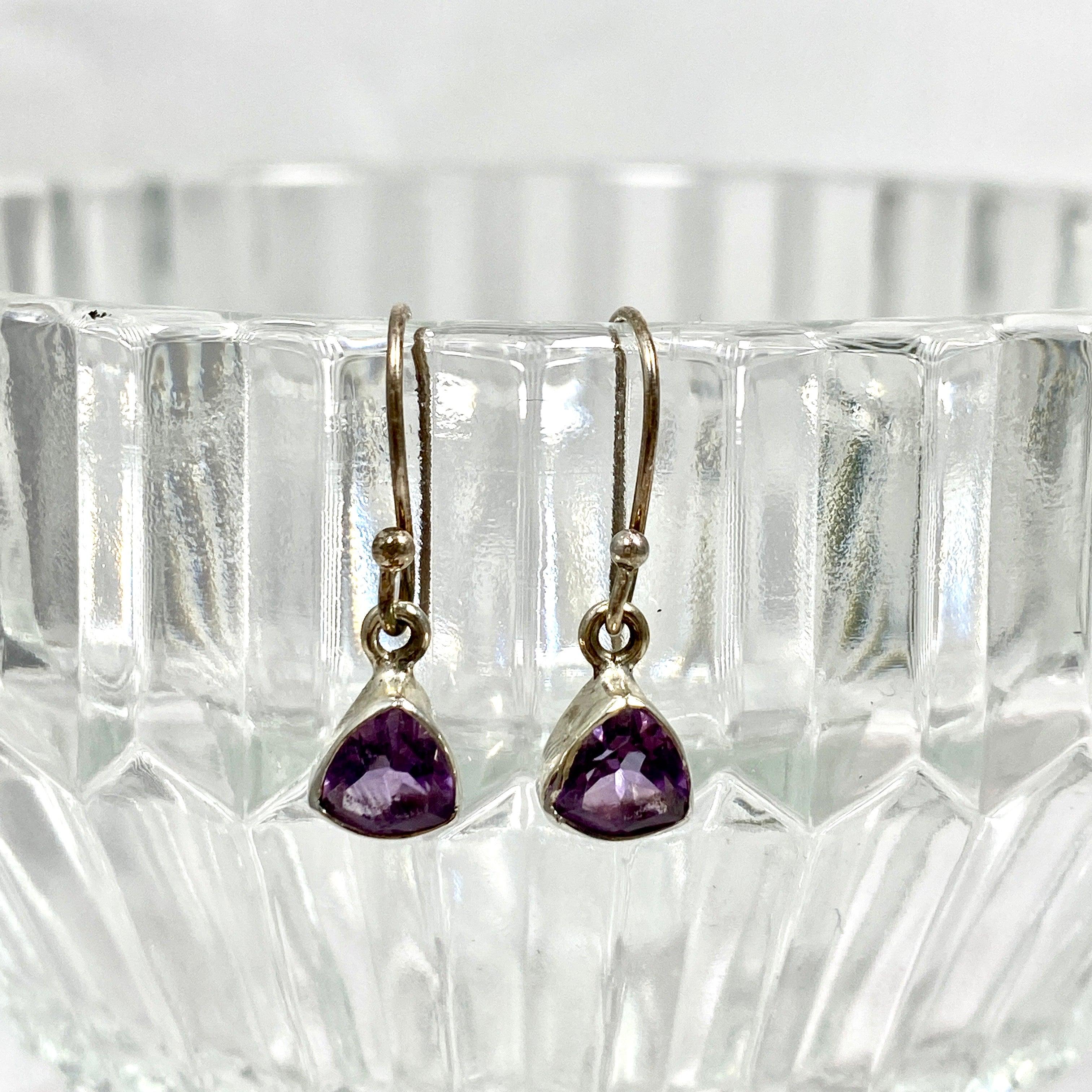Amethyst Petite Triangular Faceted Earrings R2363 AMT - Elegant Purple Gemstone Jewelry for Women, Perfect for Parties, Weddings & Daily Wear