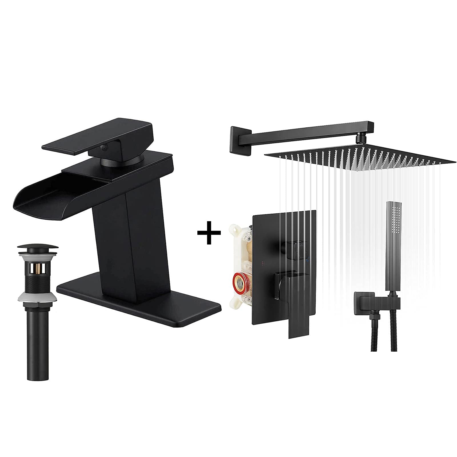 Matte Black Waterfall Bathroom Faucet with Pop Up Drain - 12 Inch Rainfall Shower Head & Handheld Spray Mixer - Wall Mounted Shower System for Modern Bathrooms (Ideal for Spa-Like Showers and Luxurious Bathroom Upgrades)