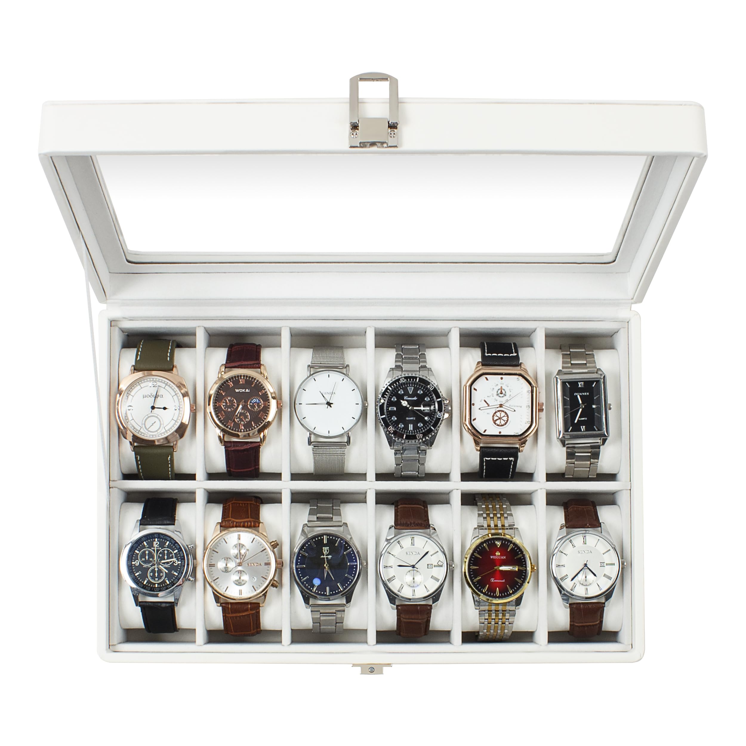 Premium GUKA 12-Slot Watch Box with Real Glass Lid & Removable Pillows - Luxury White Synthetic Leather Watch Organizer for Men | Perfect for Watch Collection Display, Storage & Travel