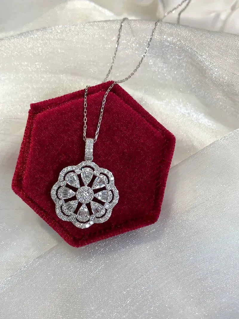 18K White Gold Sunflower Necklace with 1.05 Carat Natural Diamonds - Luxury Women's Jewelry for Banquets, Weddings & Special Occasions
