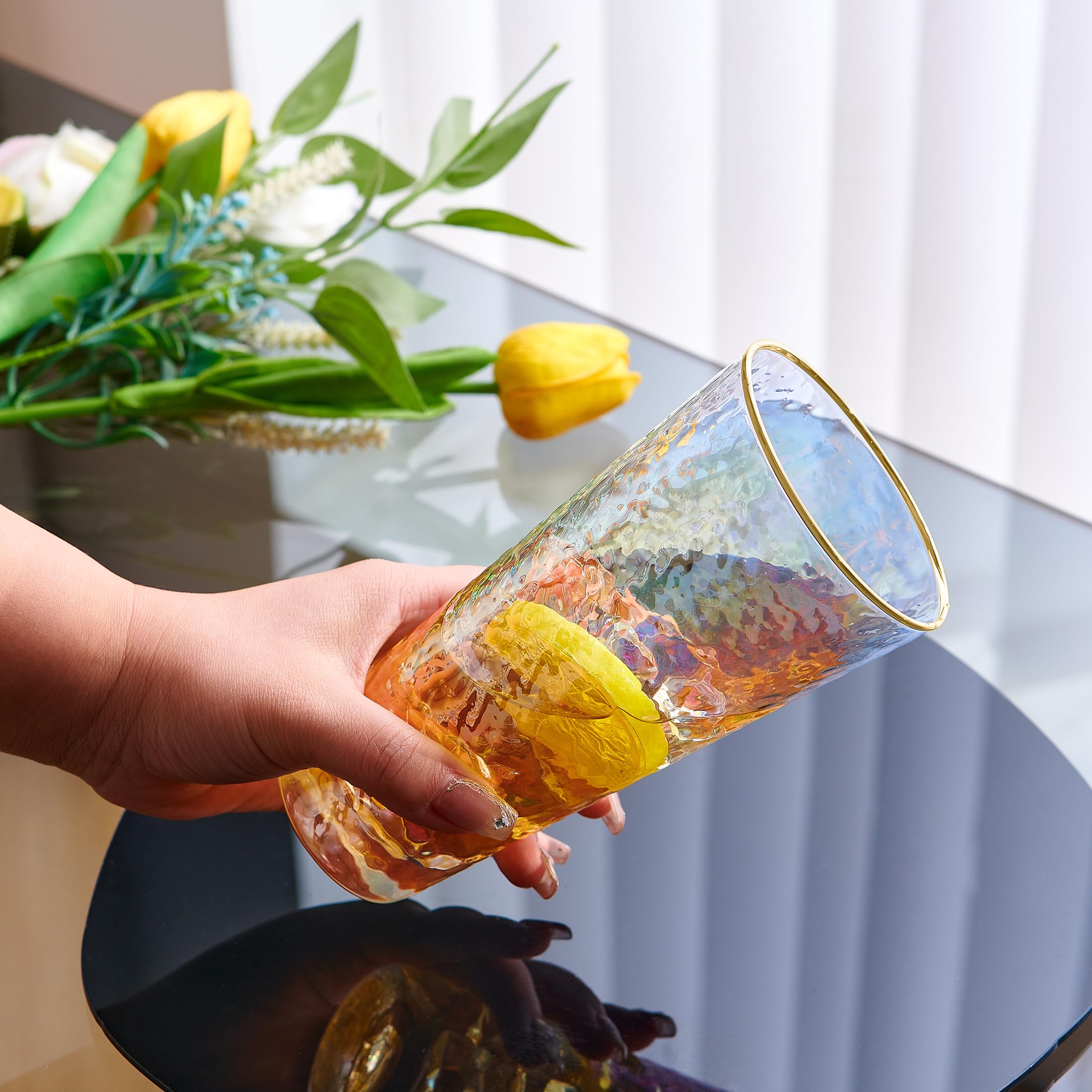 Premium Hammered Textured Gold Rim Water Glasses - Set of 6 Highball Drinking Glasses for Juice, Beer, Wine & Cocktails - Elegant Glassware for Dining, Entertaining & Home Bar Use