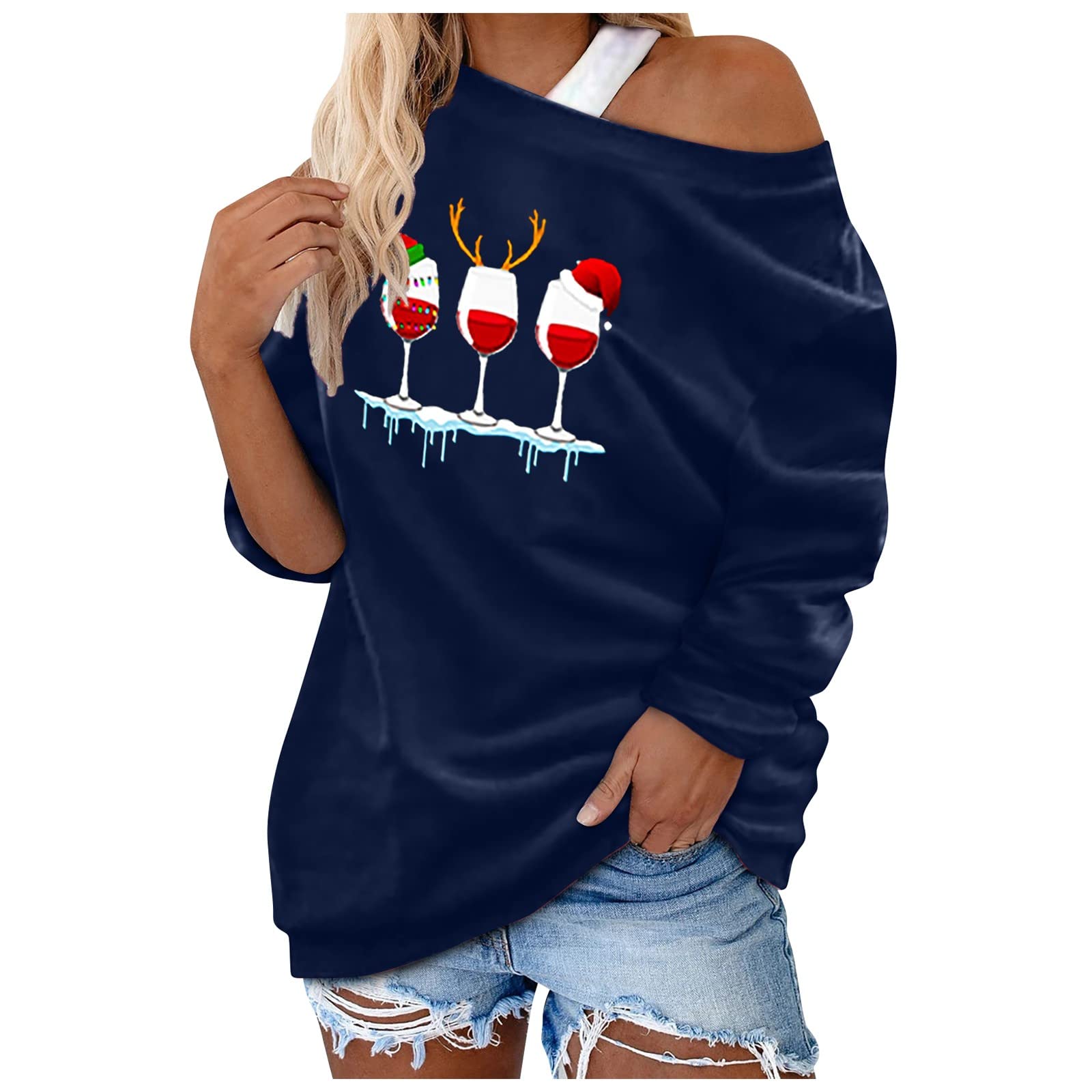 Women's Christmas Print Sweatshirt - Off Shoulder Long Sleeve Loose Pullover Blouse, Plus Size Casual Top for Holiday Parties & Winter Outfits
