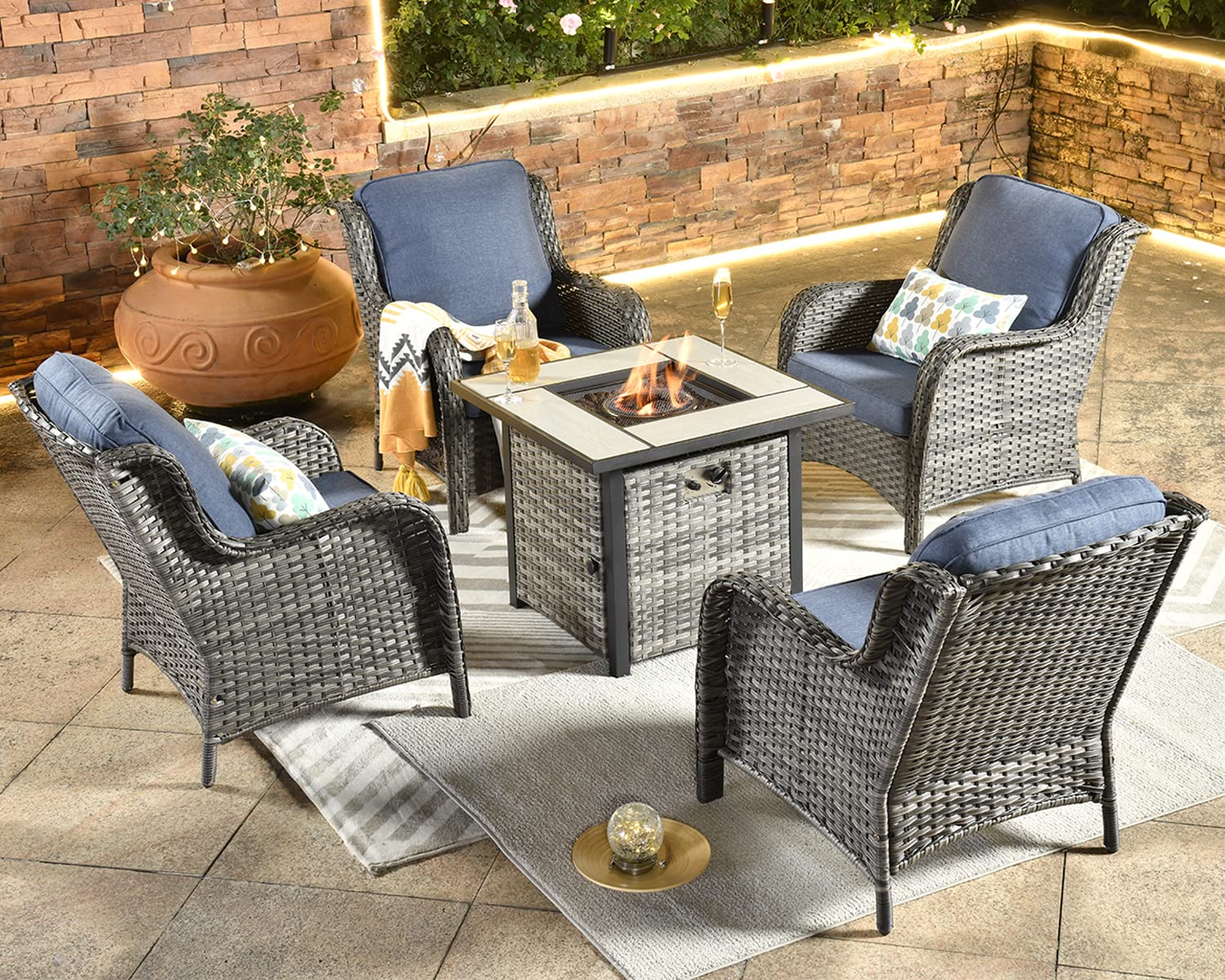 5-Piece Outdoor Patio Dining Set with High Back Wicker Chairs & 30