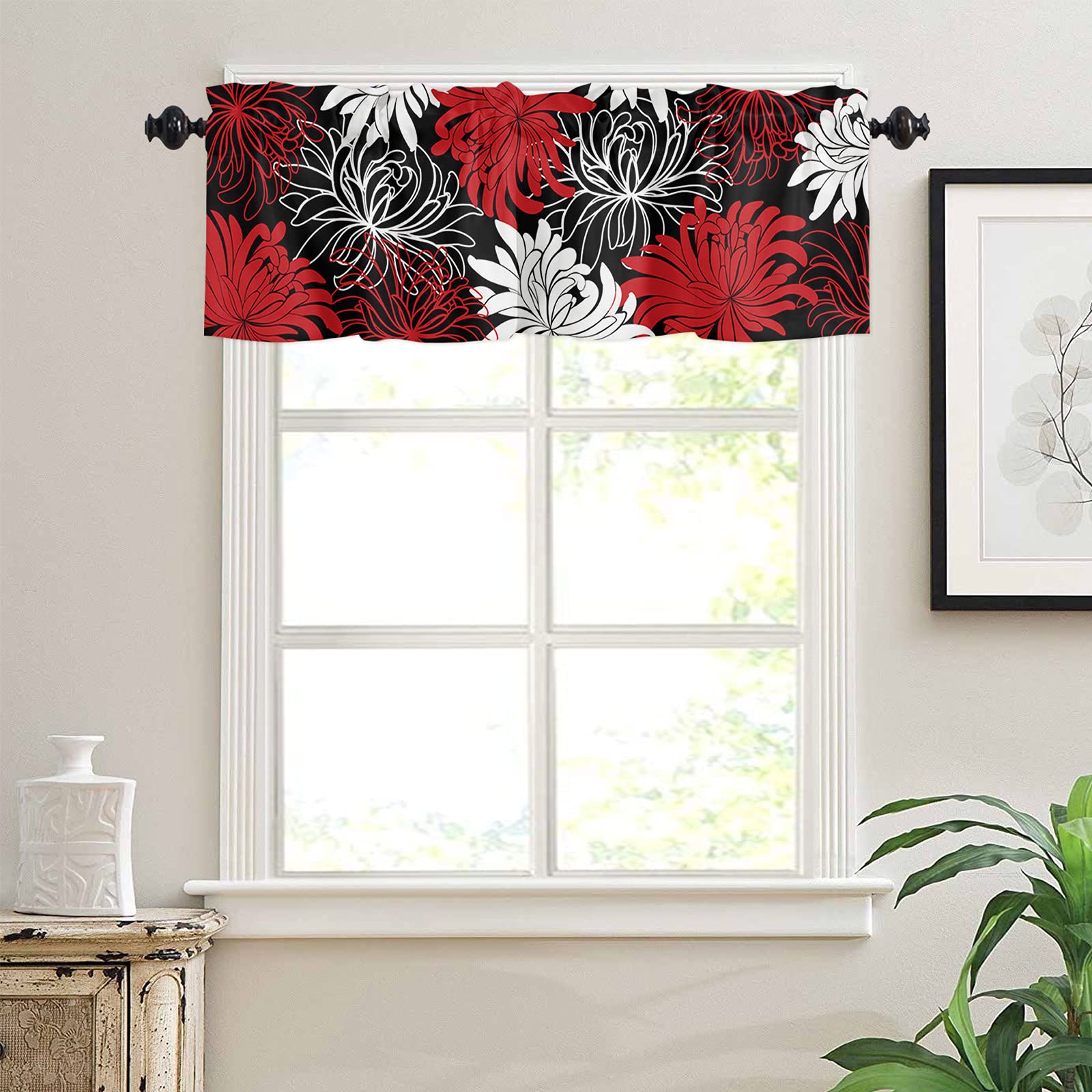 Floral 1 Panel Kitchen Curtain Valance with Rod Pocket - 54x18 Inch Insulated Blackout Window Drape for Bathroom or Small Windows (Chrysanthemum Flower Red/Black/White) - Perfect for Privacy, Light Control & Home Decor