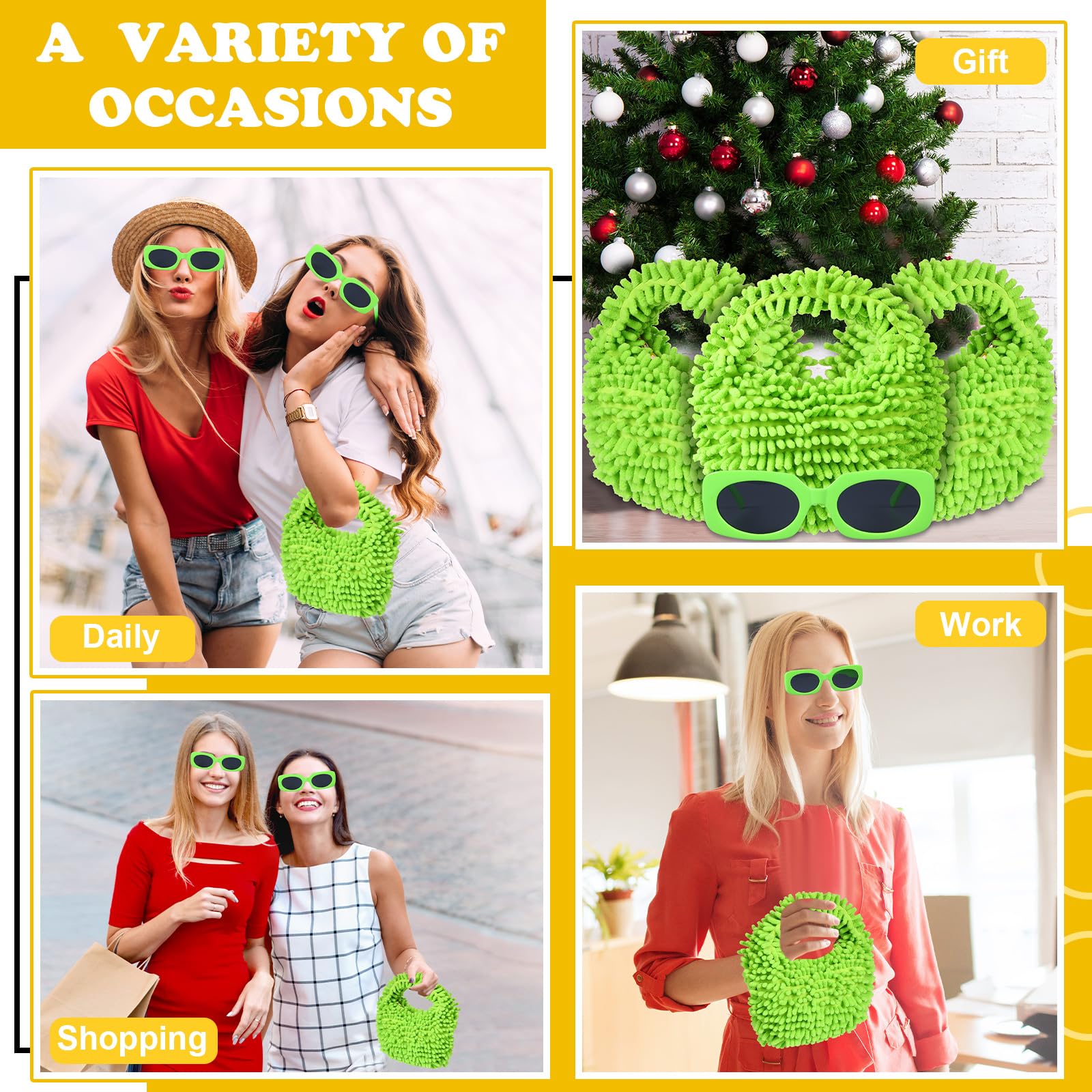 Kanayu 2-Piece Women's Neon Fuzzy Tote Bag & Retro Square Sunglasses Set - Stylish Accessories for Beach, Shopping, and Summer Outfits