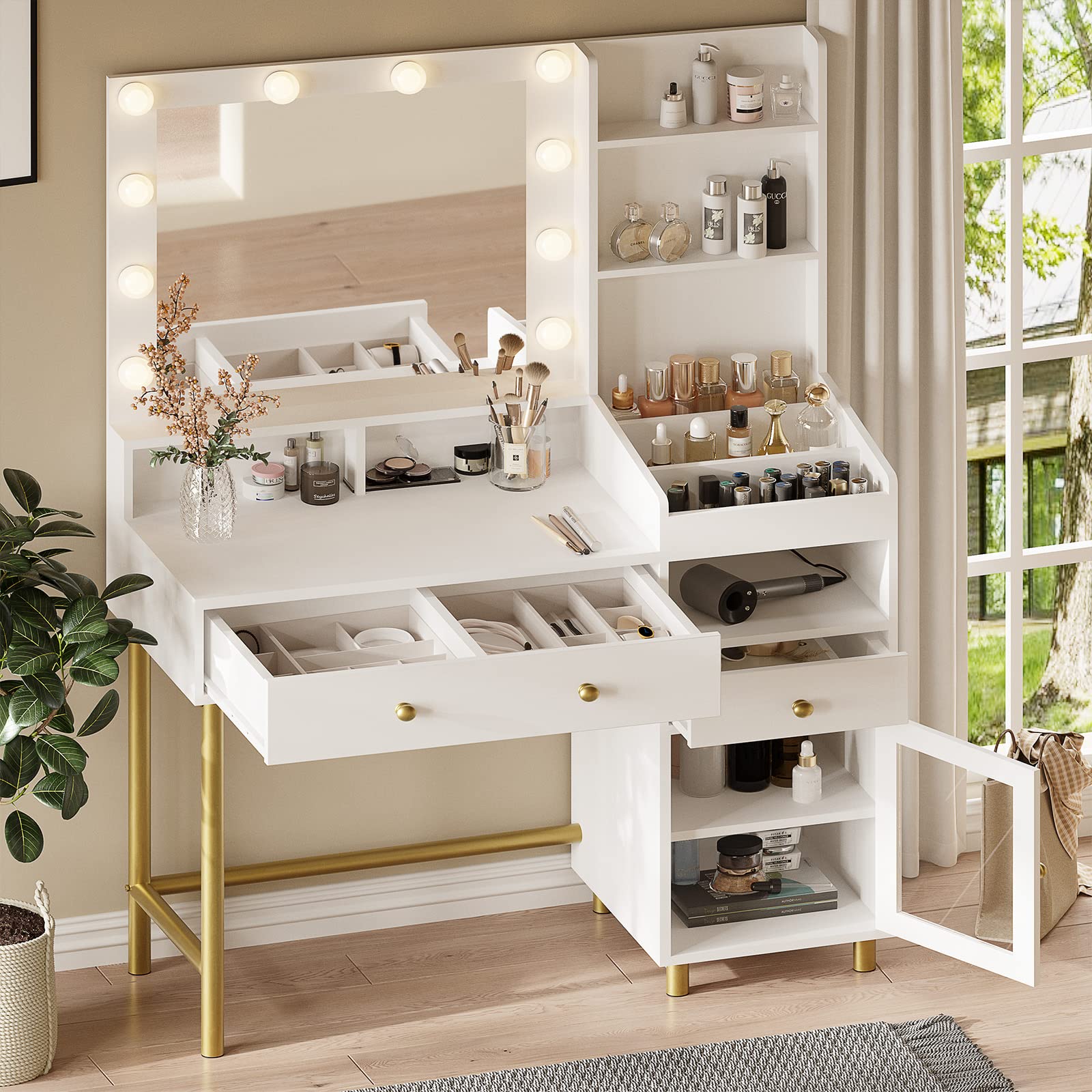 AOGLLATI 3-Color LED Makeup Vanity Desk with Mirror, Charging Station & Storage - White Vanity Table with Unique Separation Design for Bedroom, Dressing Room & Salon