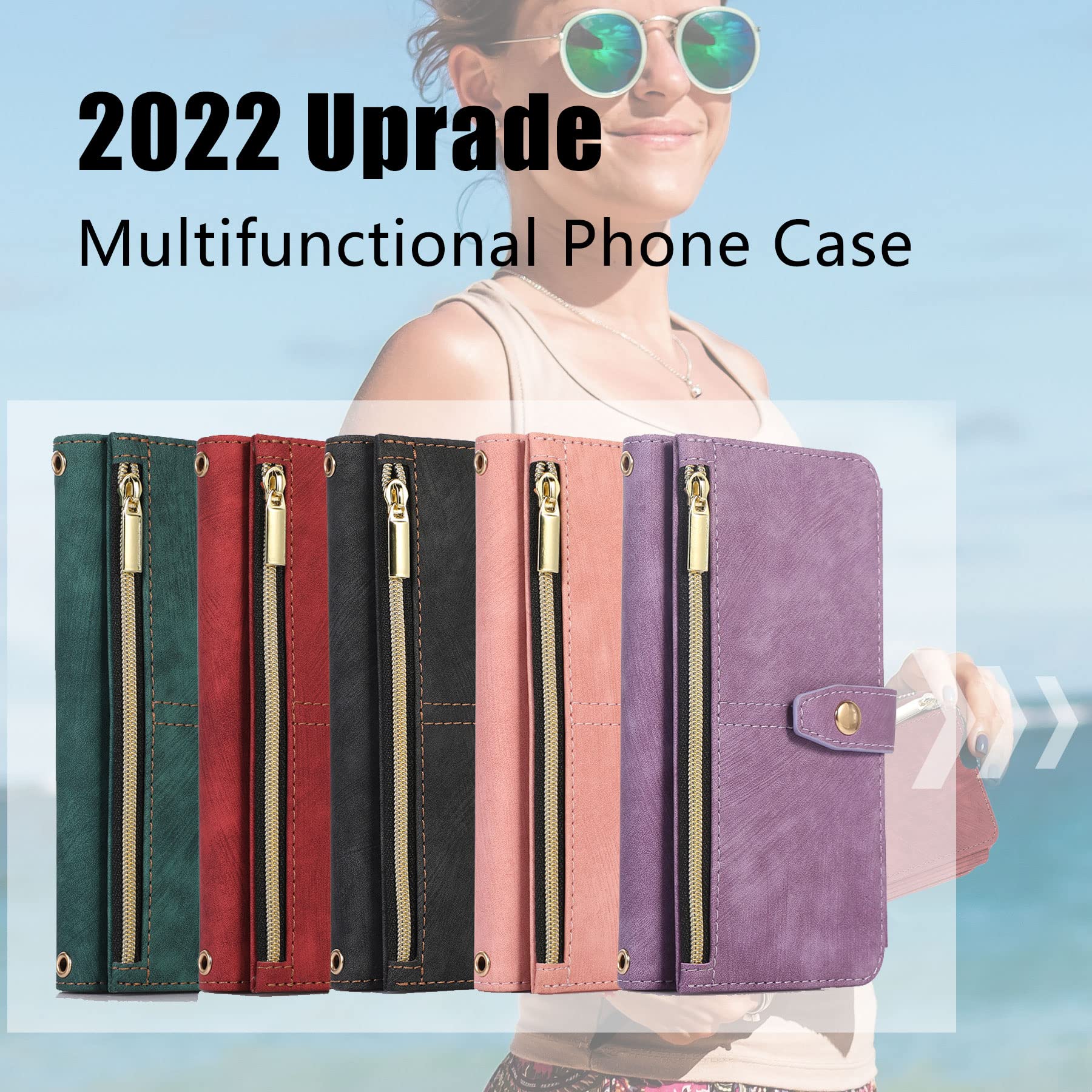 Premium Zipper Leather Wallet Case for iPhone 13 (6.1 Inch) with Wrist Strap - RFID Blocking Flip Cover Phone Case for Women & Men - Perfect for Travel, Shopping & Everyday Use (Black)
