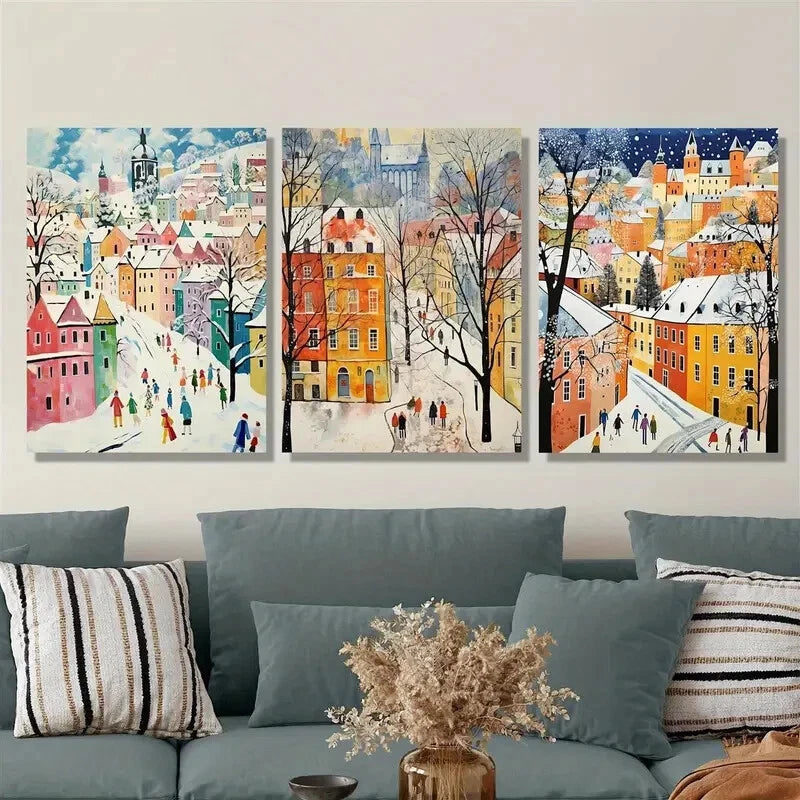 3-Piece Winter Snow Scene Metal Wall Art - Urban Landscape with Trees - Ready to Hang - Perfect for Living Room, Bedroom & Office Decor