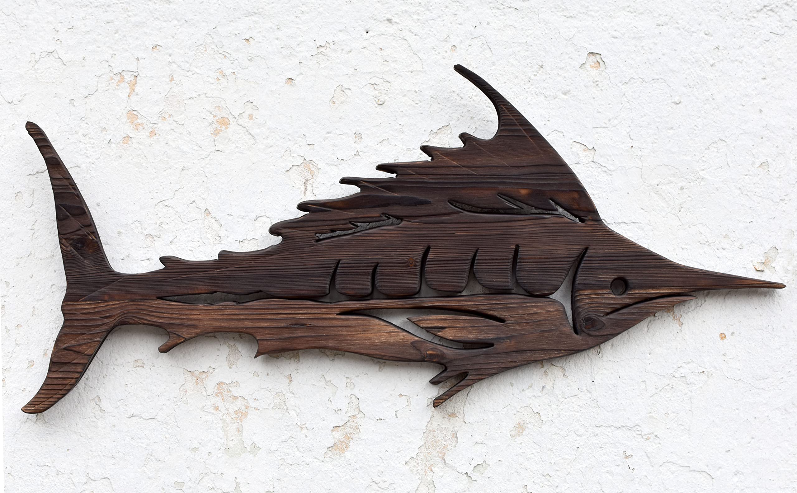 Hand Carved Wooden Marlin Wall Art - Blue Coastal Fish Sculpture Decor for Beach House, Nautical Theme & Ocean Inspired Home Decor