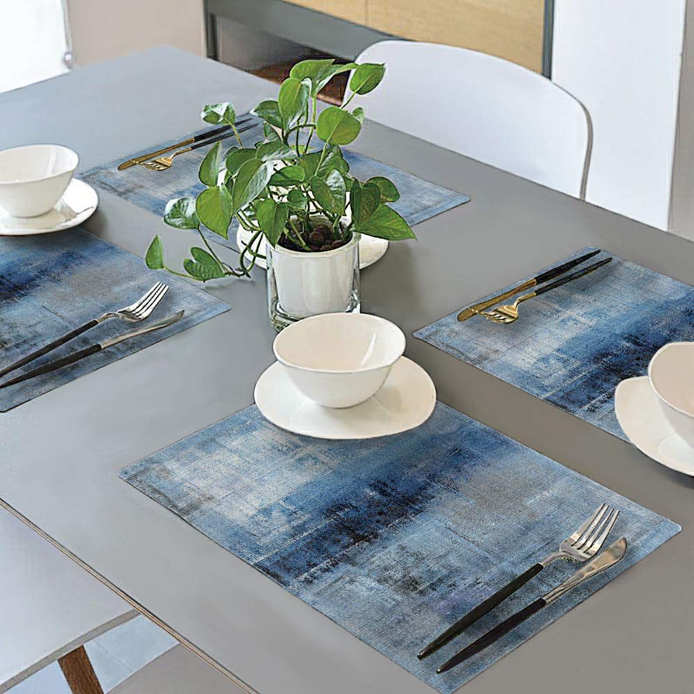Abstract Art Placemats Set of 6 - Heat Resistant Linen Table Mats 18x12 Inches - Blue and Grey Modern Design for Dining Table - Perfect for Kids Meals, Dinner Parties & Home Decor